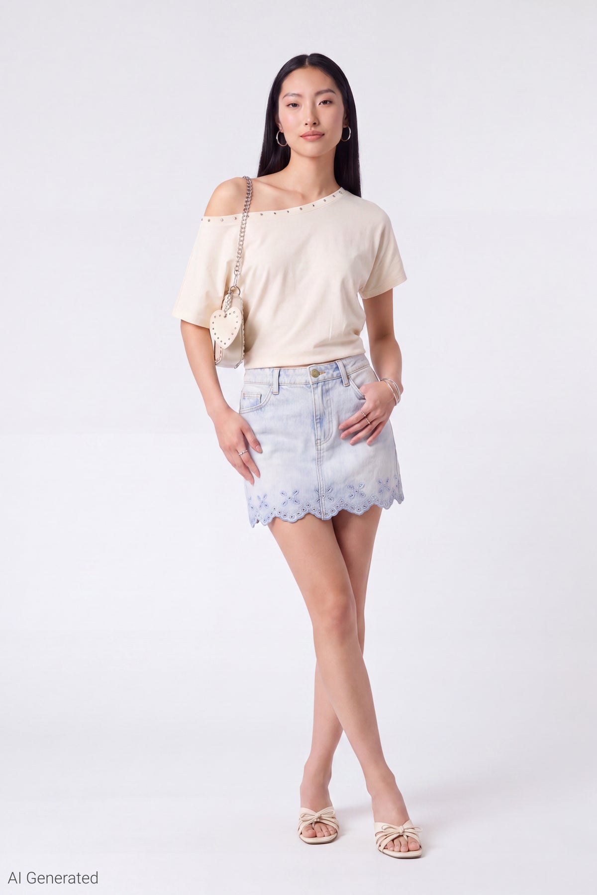 Alt View 2. Denim Eyelet Trim Mini Skirt - Light Blue