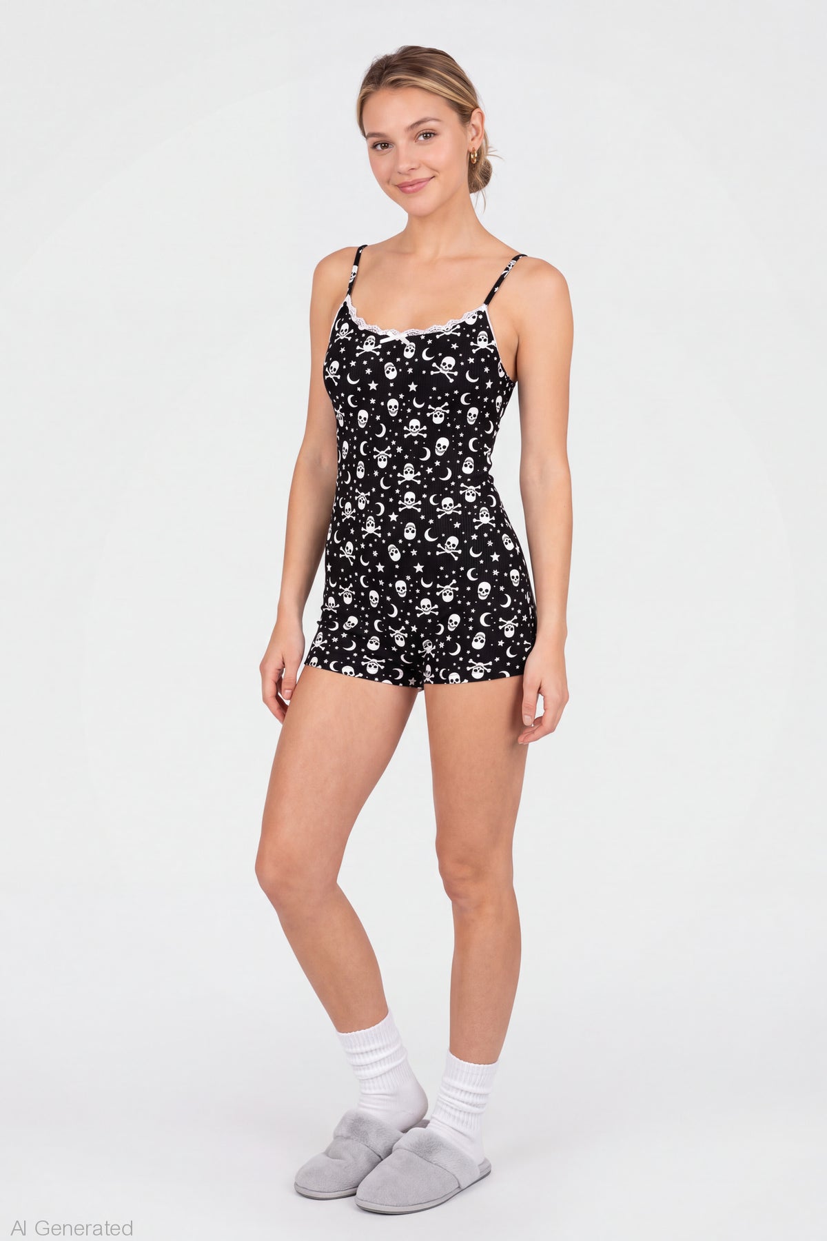 Alt View 3. Halloween Ribbed Pajama Romper - Black