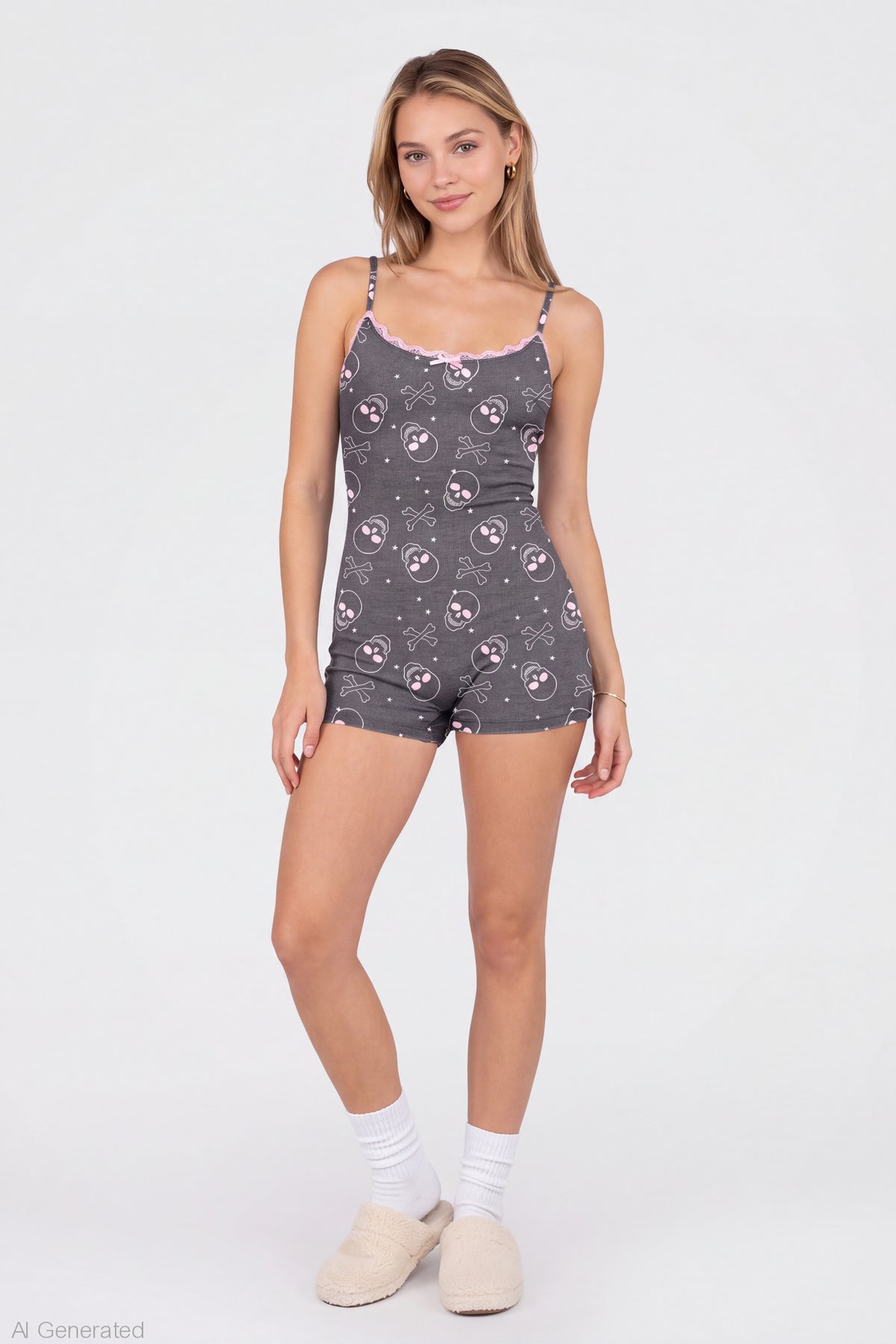 Alt View 3. Halloween Ribbed Pajama Romper - Charcoal