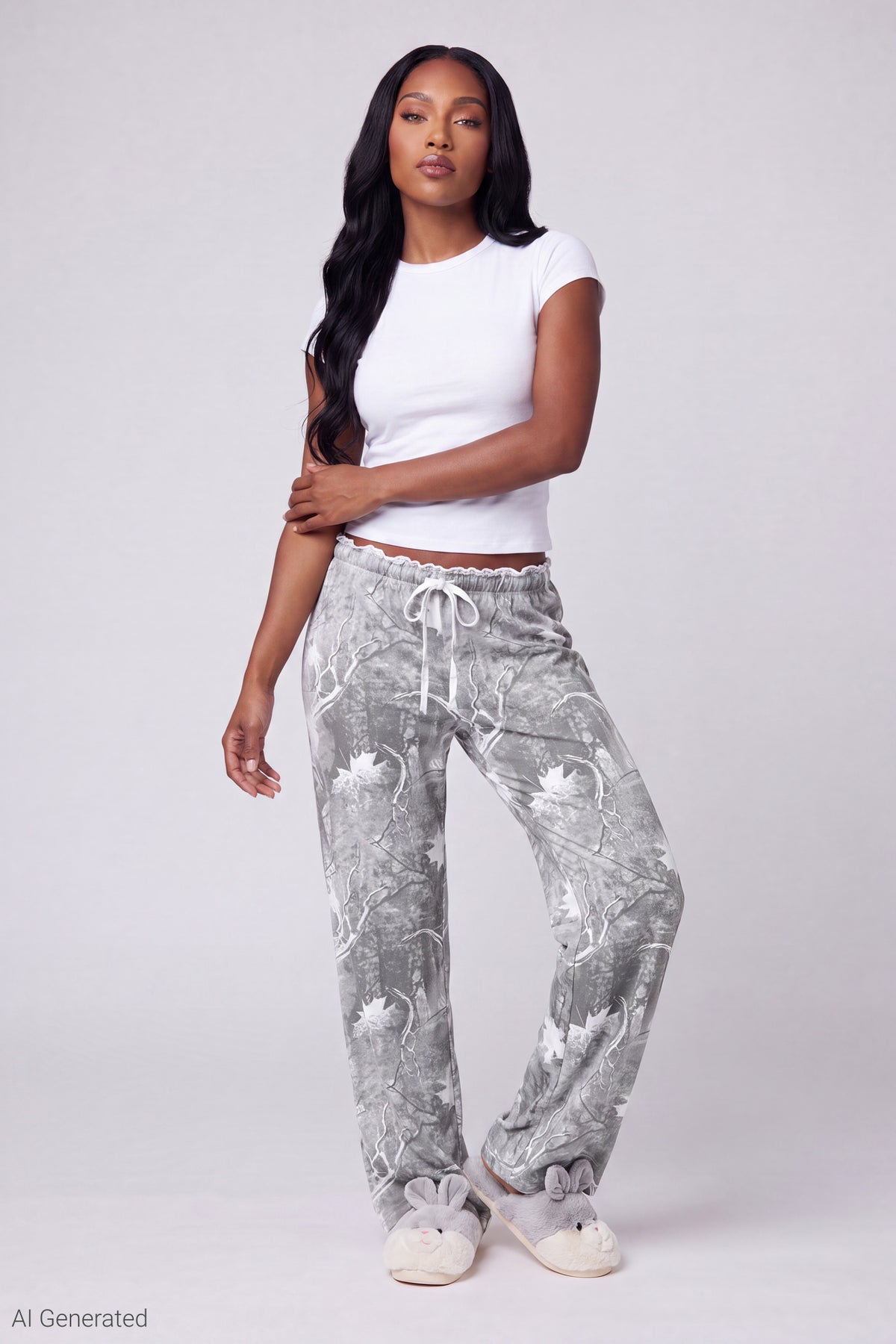 Lace Trim Printed Pajama Pant - Heather Grey