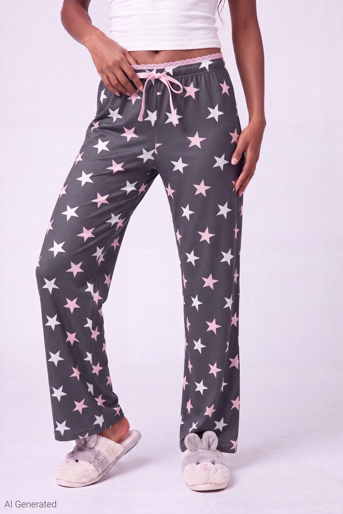 Alt View 3. Lace Trim Printed Pajama Pant - Dark Grey