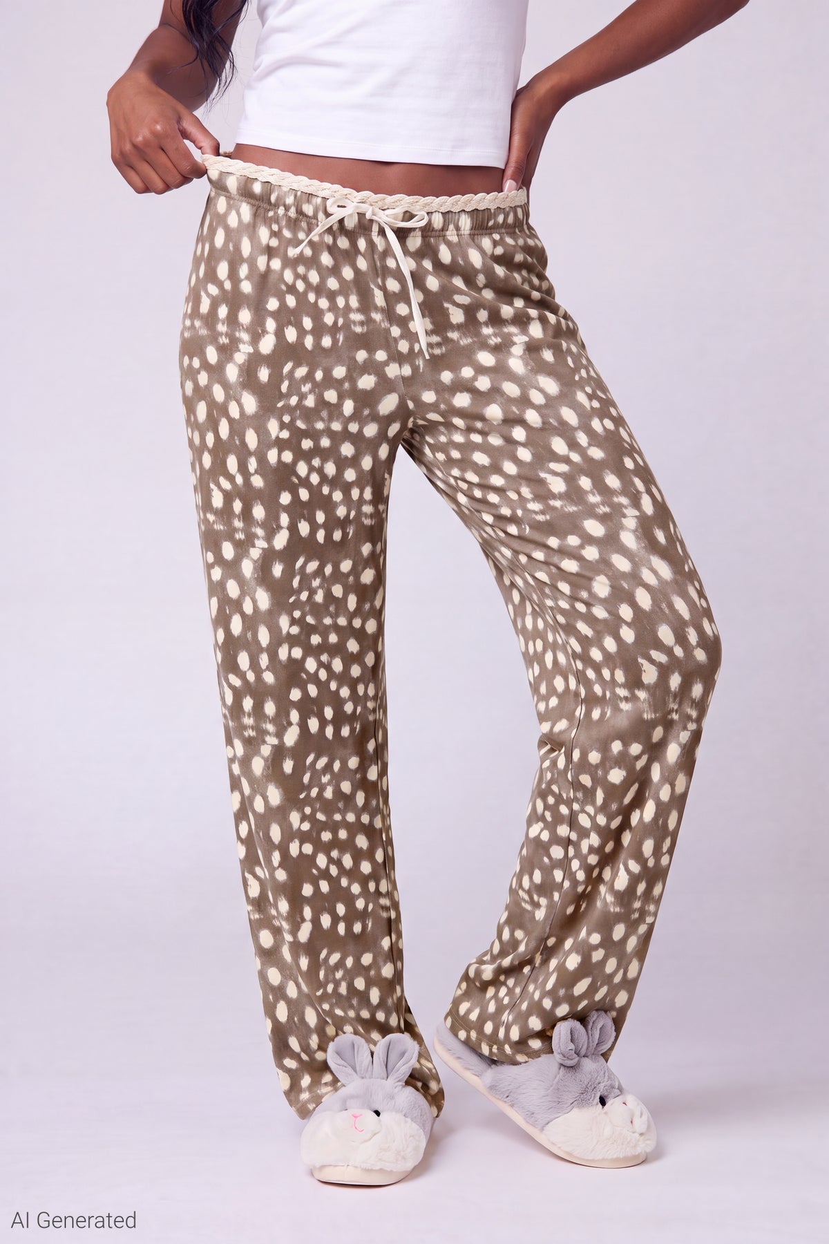 Alt View 3. Lace Trim Printed Pajama Pant - Tan