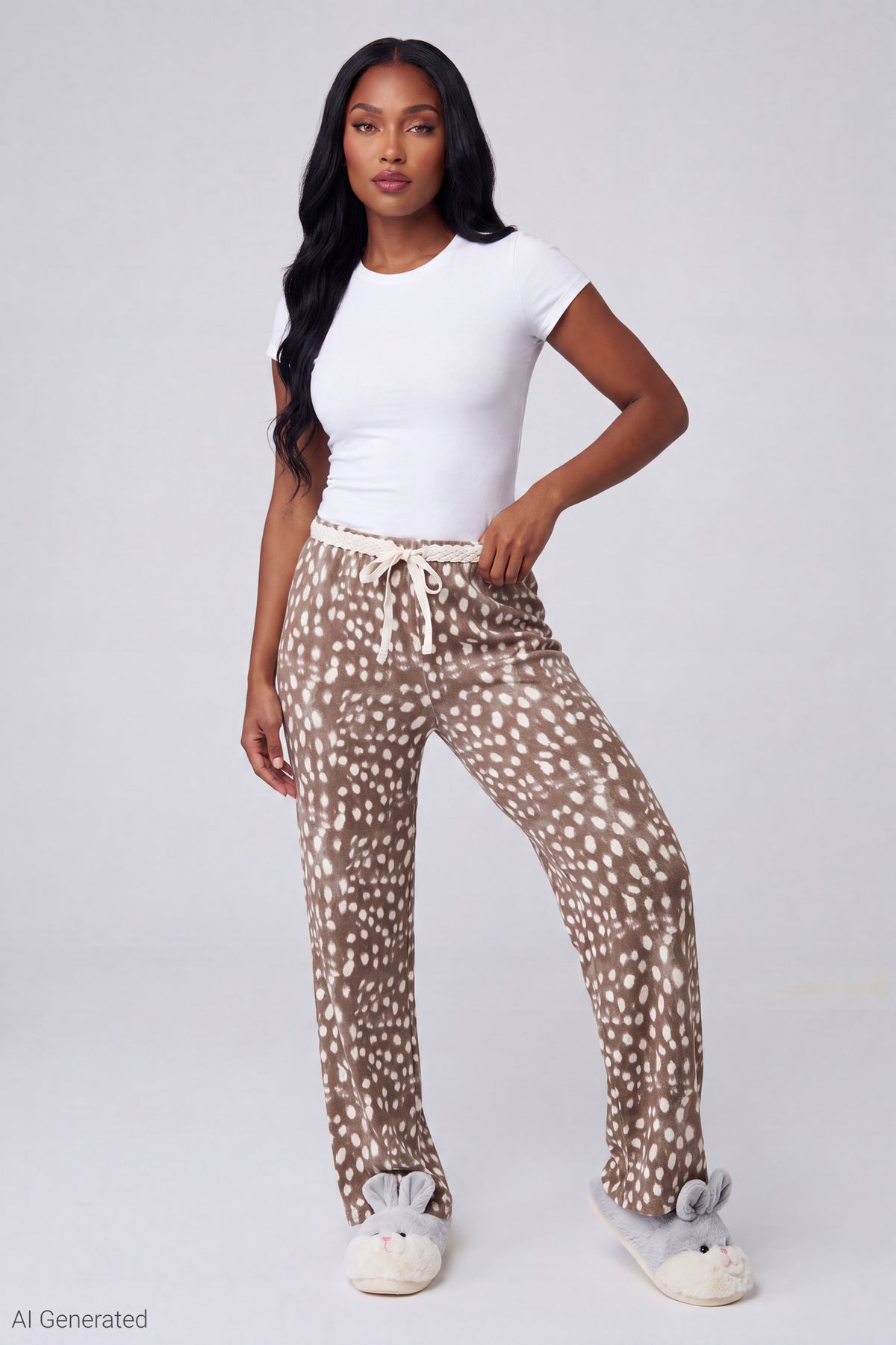 Lace Trim Printed Pajama Pant - Tan