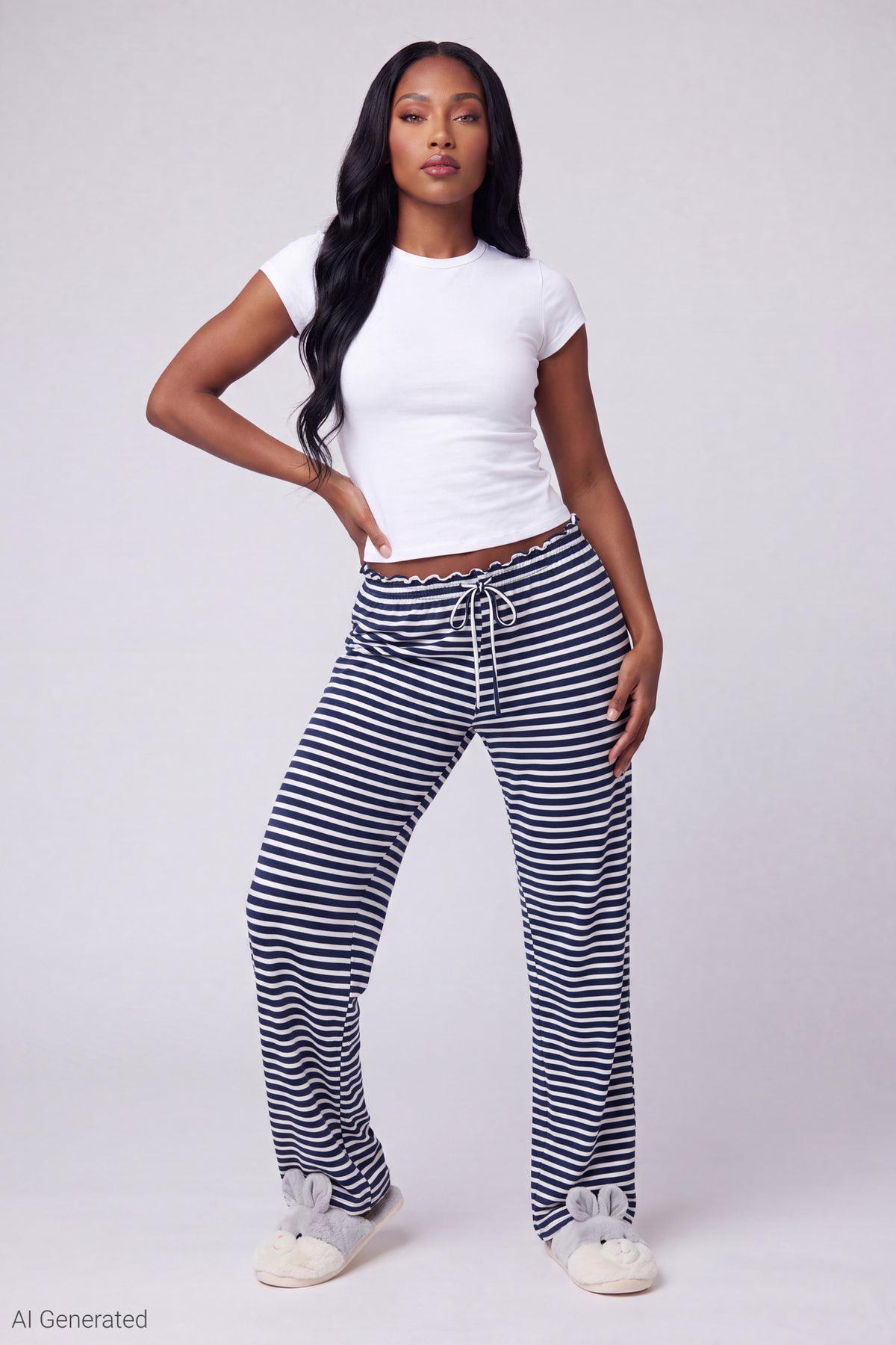 Lace Trim Printed Pajama Pant - Navy