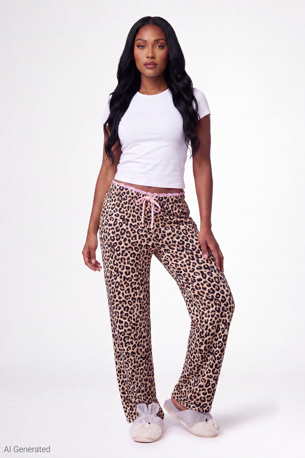 Lace Trim Printed Pajama Pant - Leopard