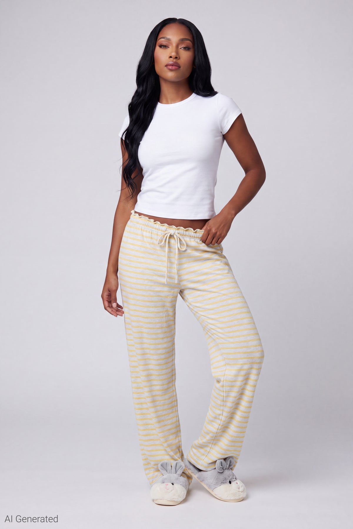 Lace Trim Printed Pajama Pant - Yellow