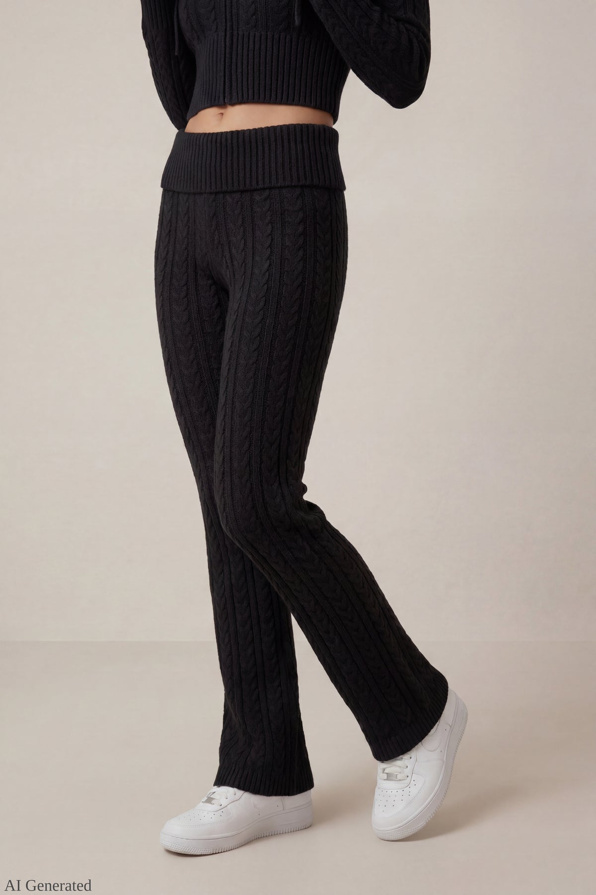 Alt View 2. Cable Knit Flare Pant - Black