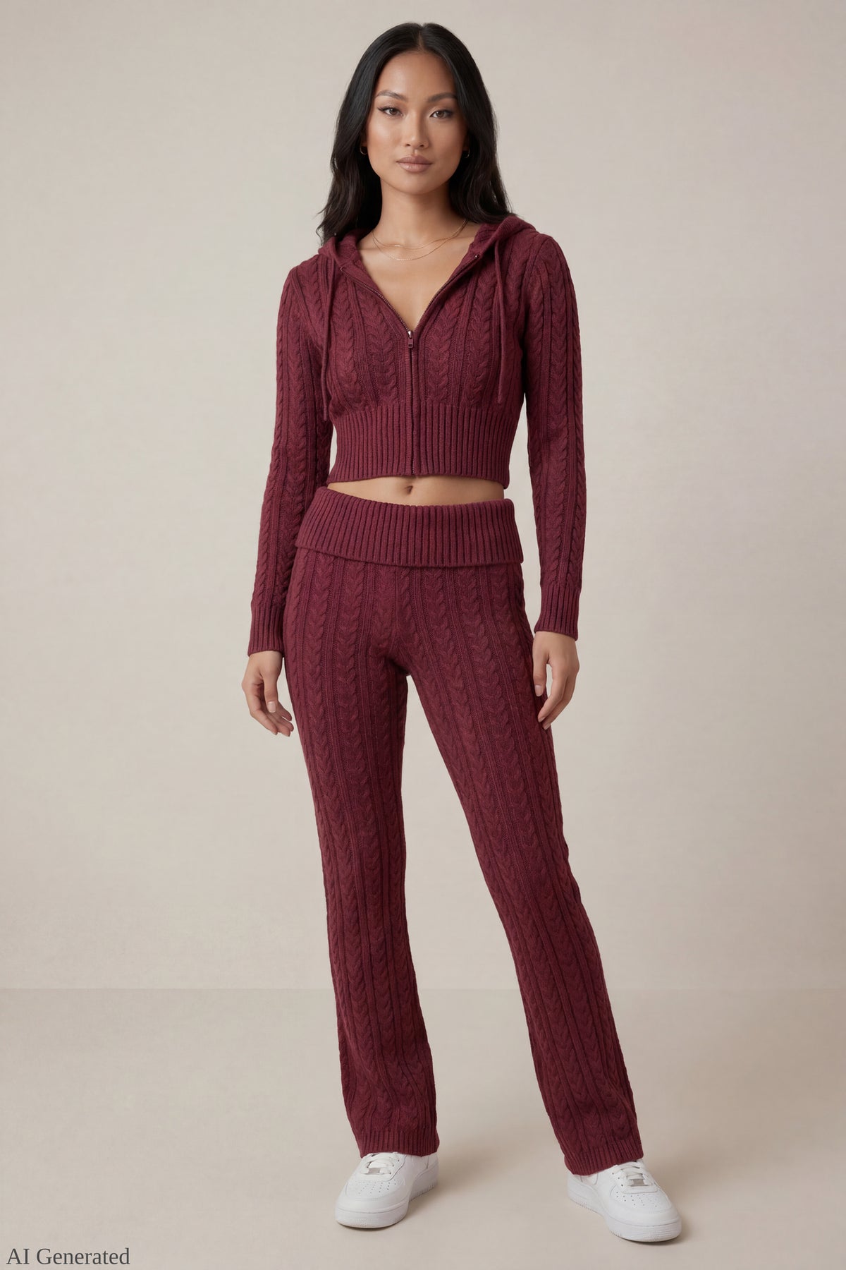 Cable Knit Flare Pant - Burgundy
