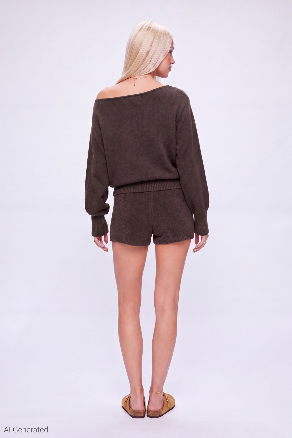 Alt View 3. Graphic Off Shoulder Knit Top & Short Set - Brown