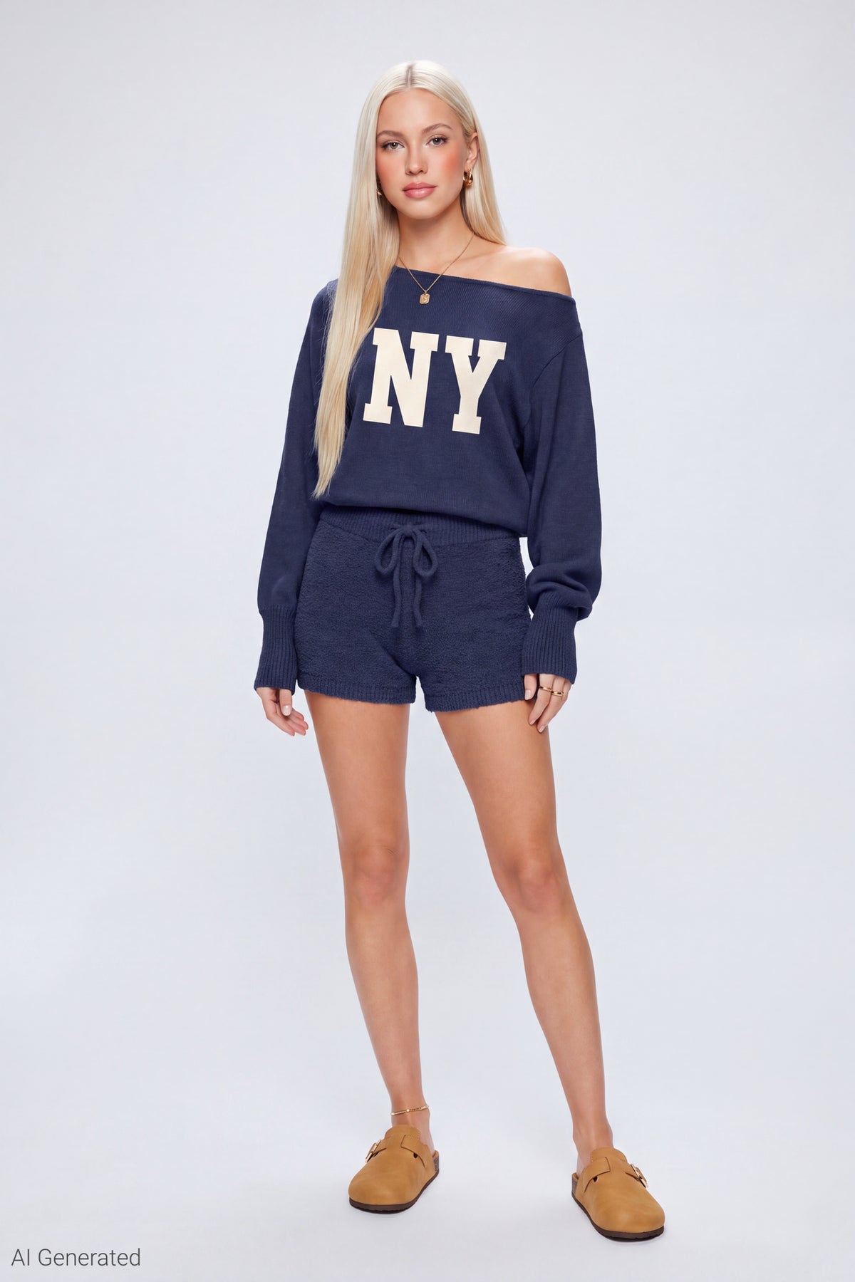 Alt View 2. Graphic Off Shoulder Knit Top & Short Set - Navy