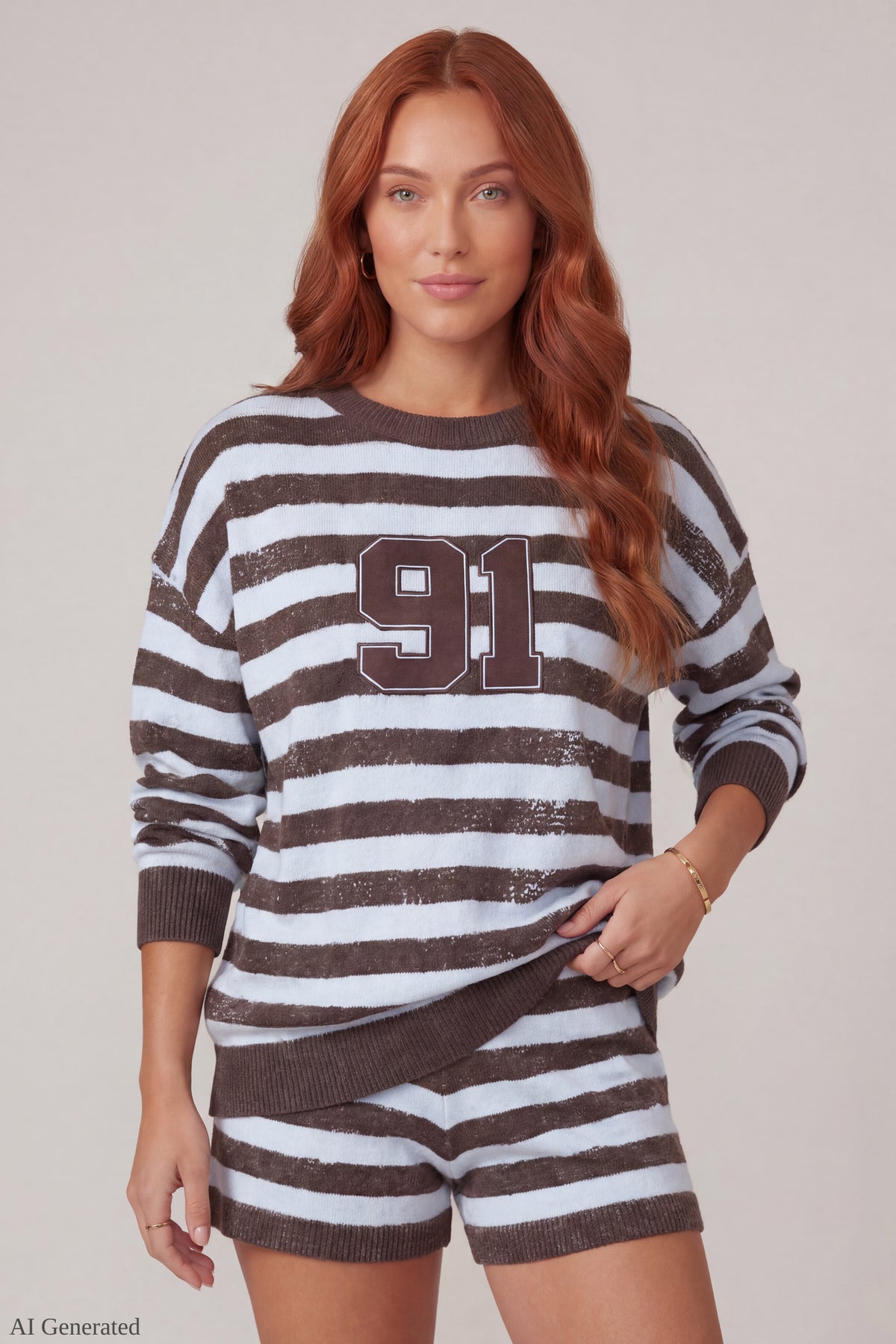 Alt View 3. Striped Knit Sweatshirt & Short Set - Brown