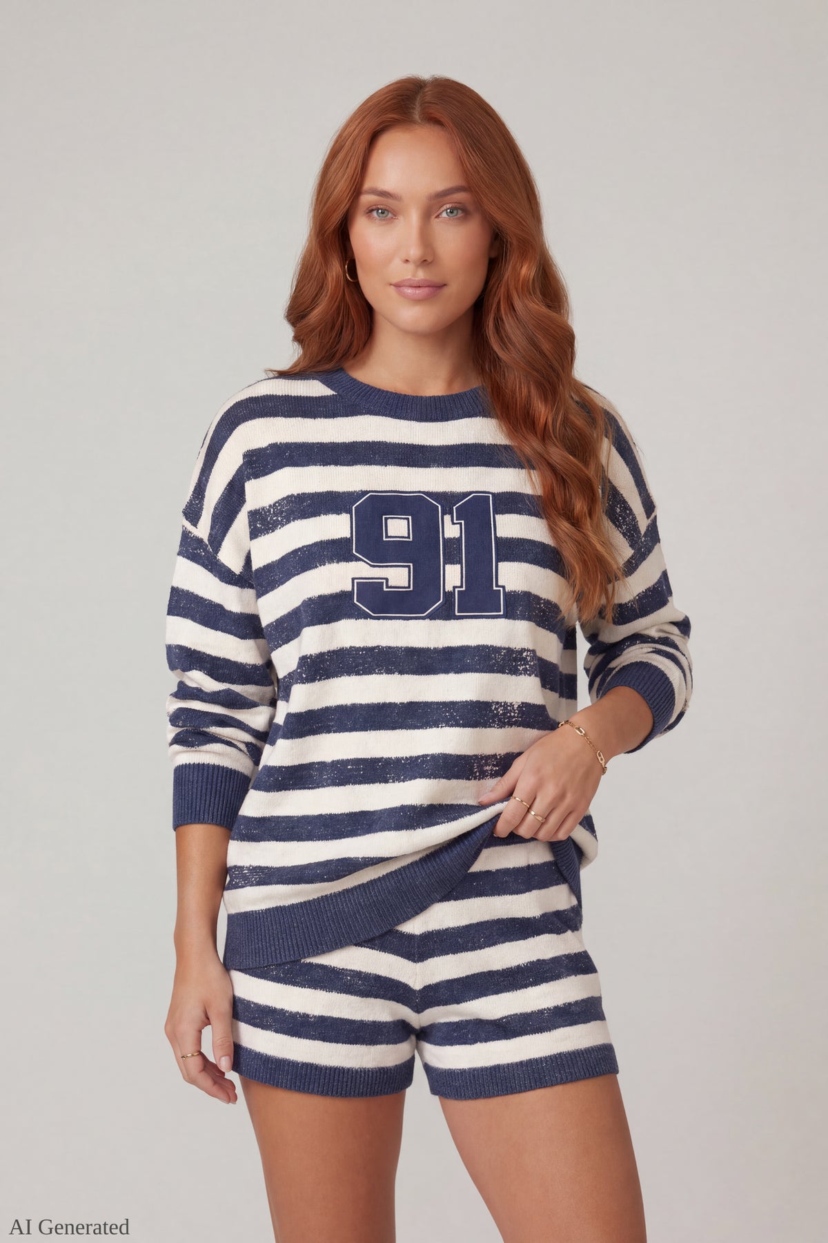 Alt View 3. Striped Knit Sweatshirt & Short Set - Navy