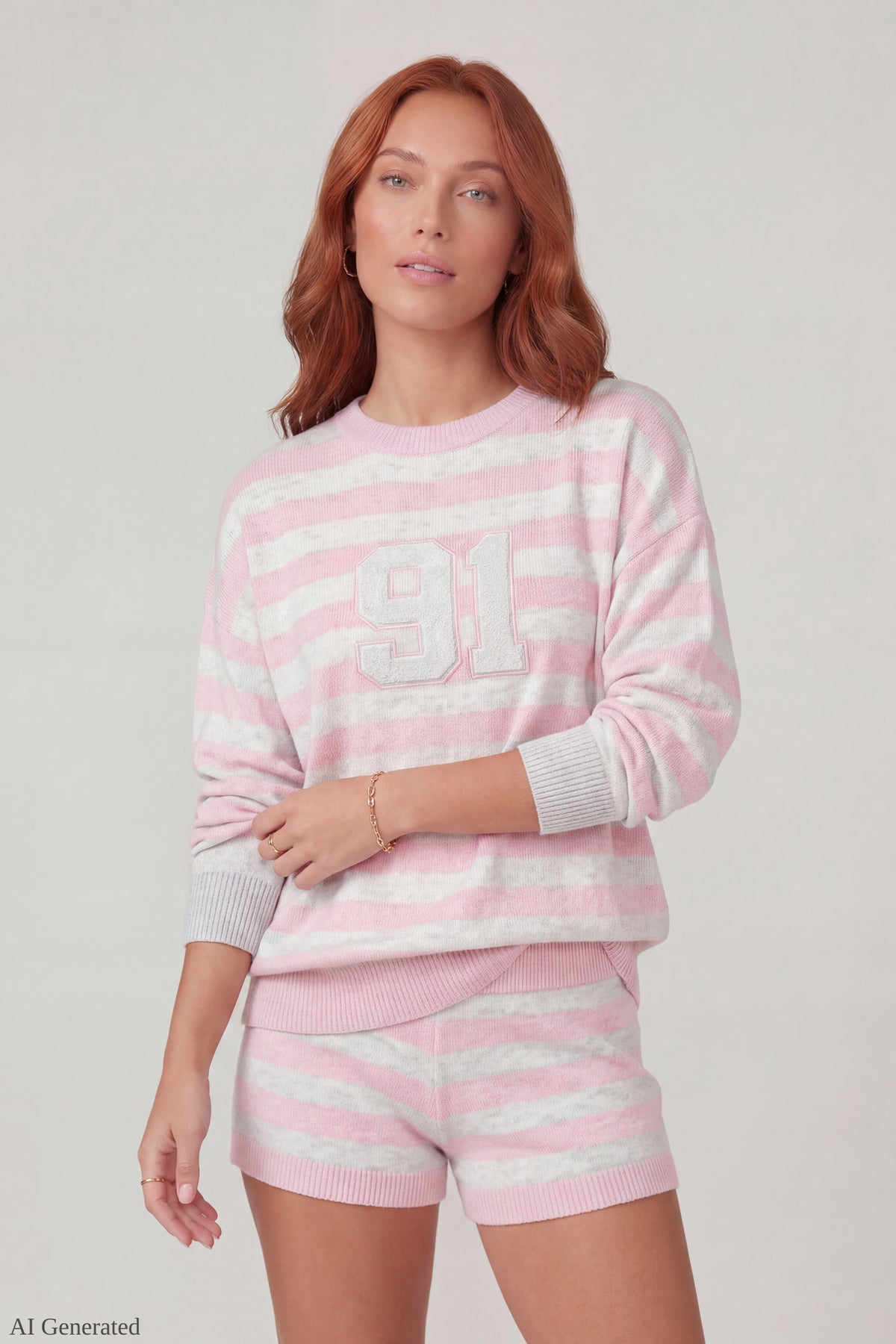 Alt View 3. Striped Knit Sweatshirt & Short Set - Pink