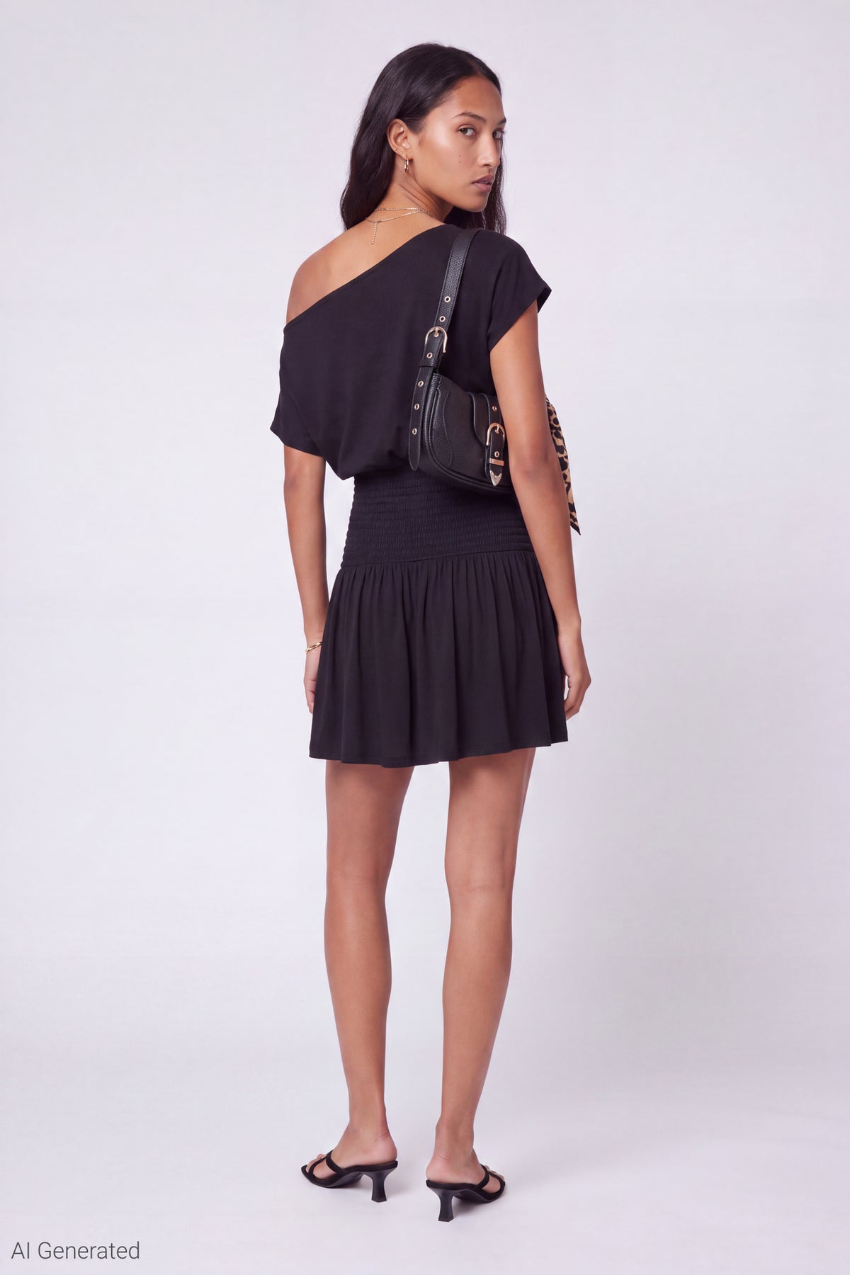 Alt View 3. Off Shoulder Smocked Waist Mini Dress - Black