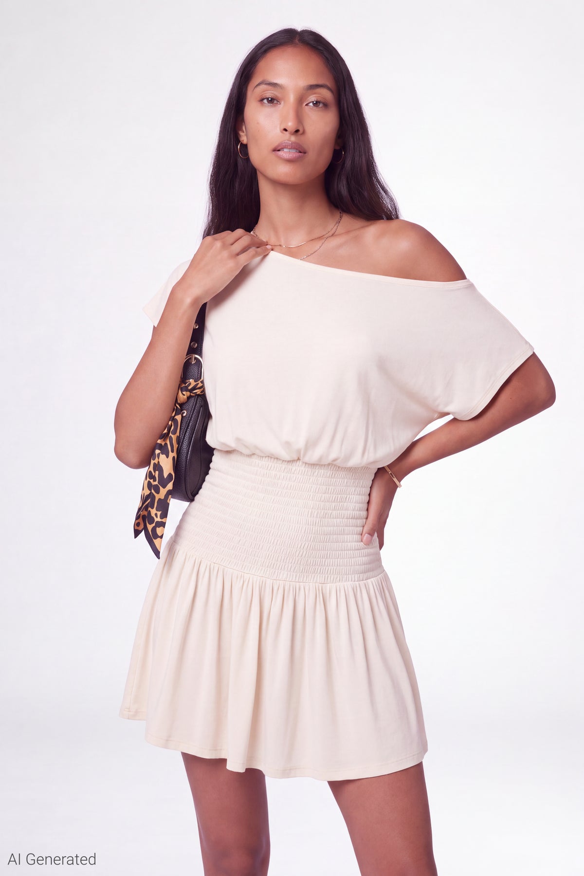 Off Shoulder Smocked Waist Mini Dress - White