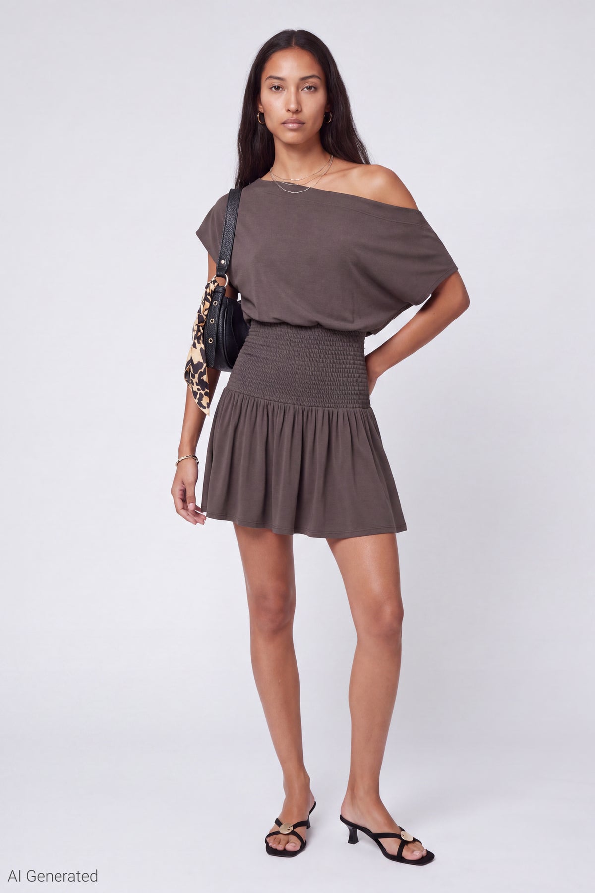 Alt View 2. Off Shoulder Smocked Waist Mini Dress - Brown