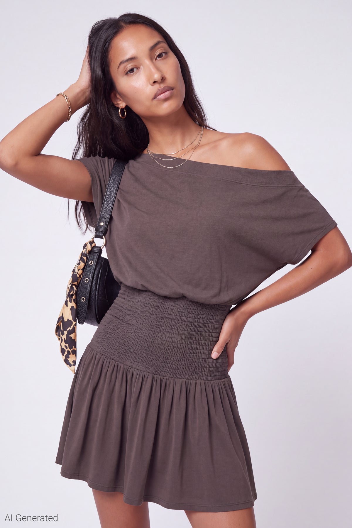 Off Shoulder Smocked Waist Mini Dress - Brown