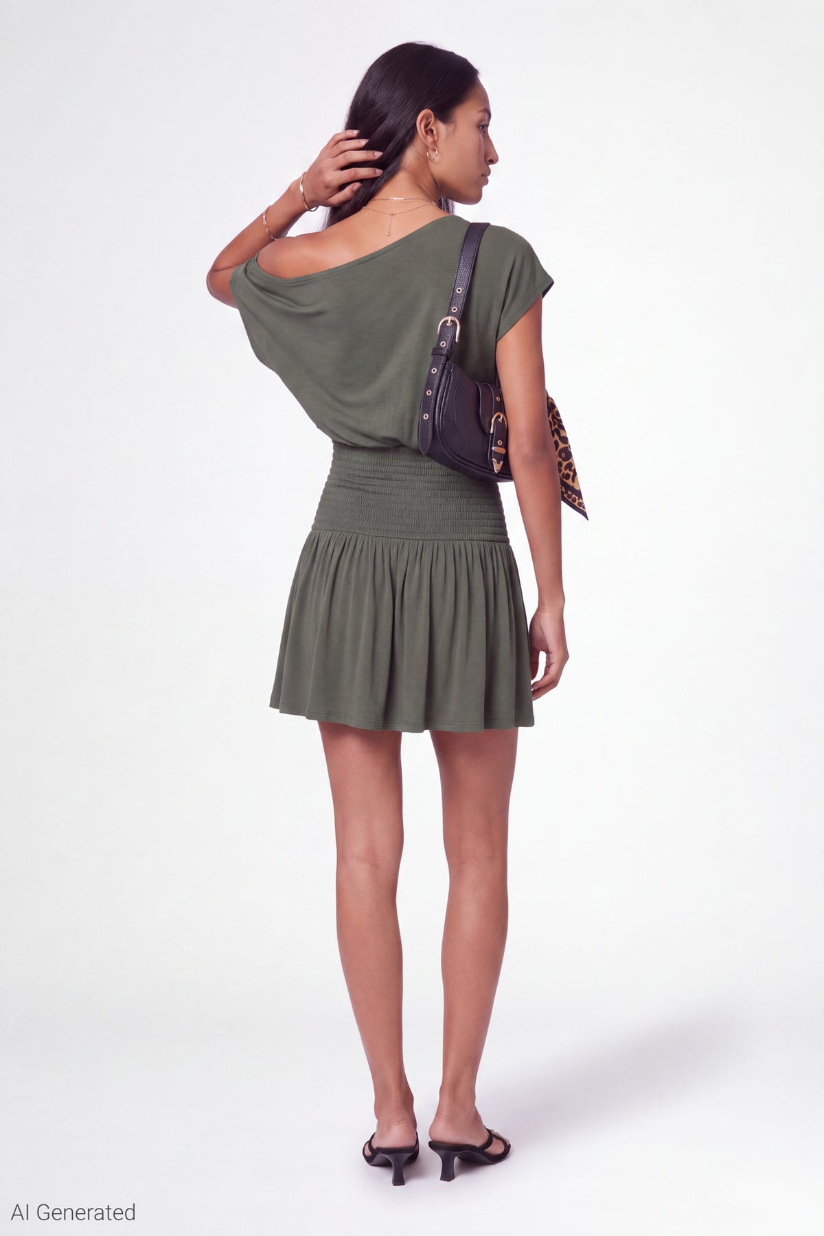 Alt View 3. Off Shoulder Smocked Waist Mini Dress - Green