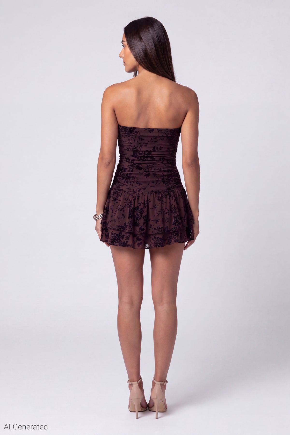 Alt View 3. Floral Mesh Strapless Mini Dress - Brown