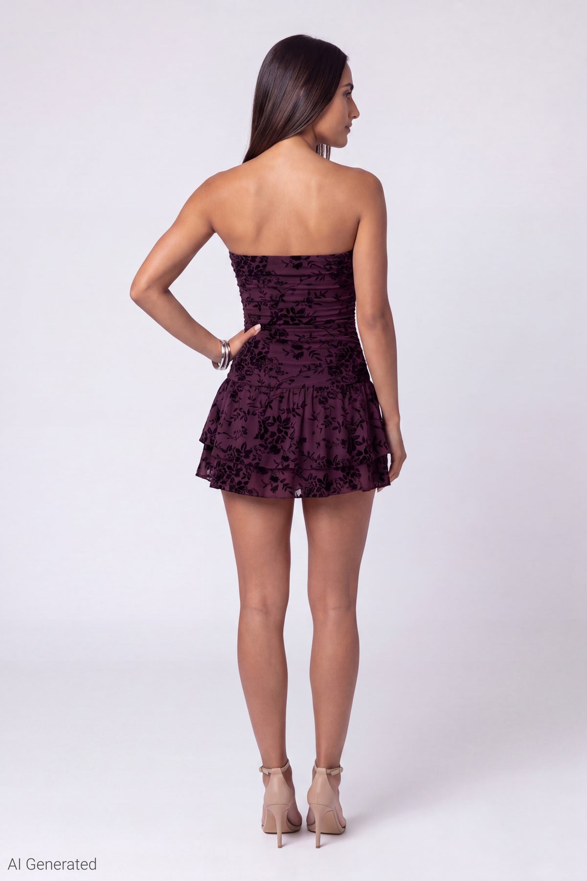 Alt View 3. Floral Mesh Strapless Mini Dress - Burgundy