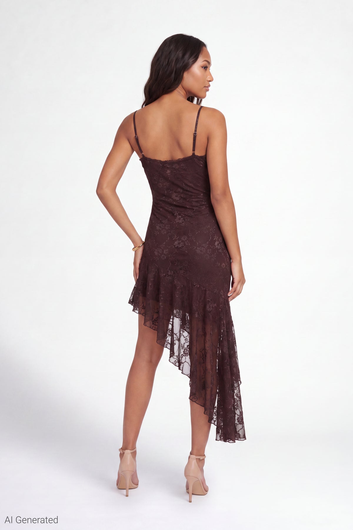 Alt View 2. Floral Lace Asymmetrical Midi Dress - Brown