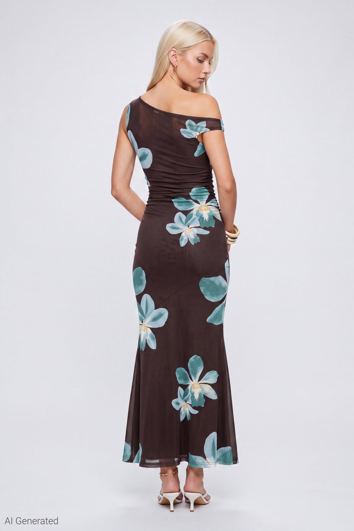 Alt View 2. Mesh Printed Off Shoulder Midi Dress - Brown