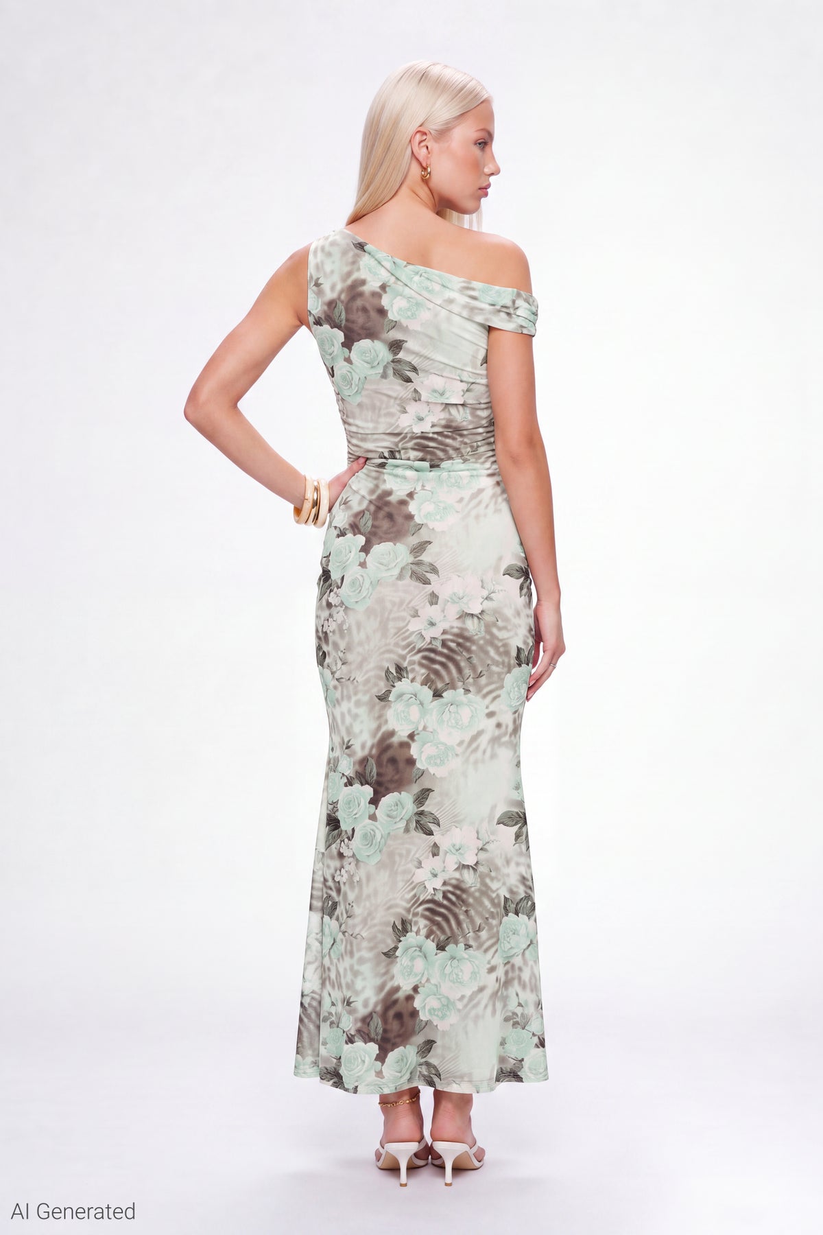Alt View 2. Mesh Printed Off Shoulder Midi Dress - Sage