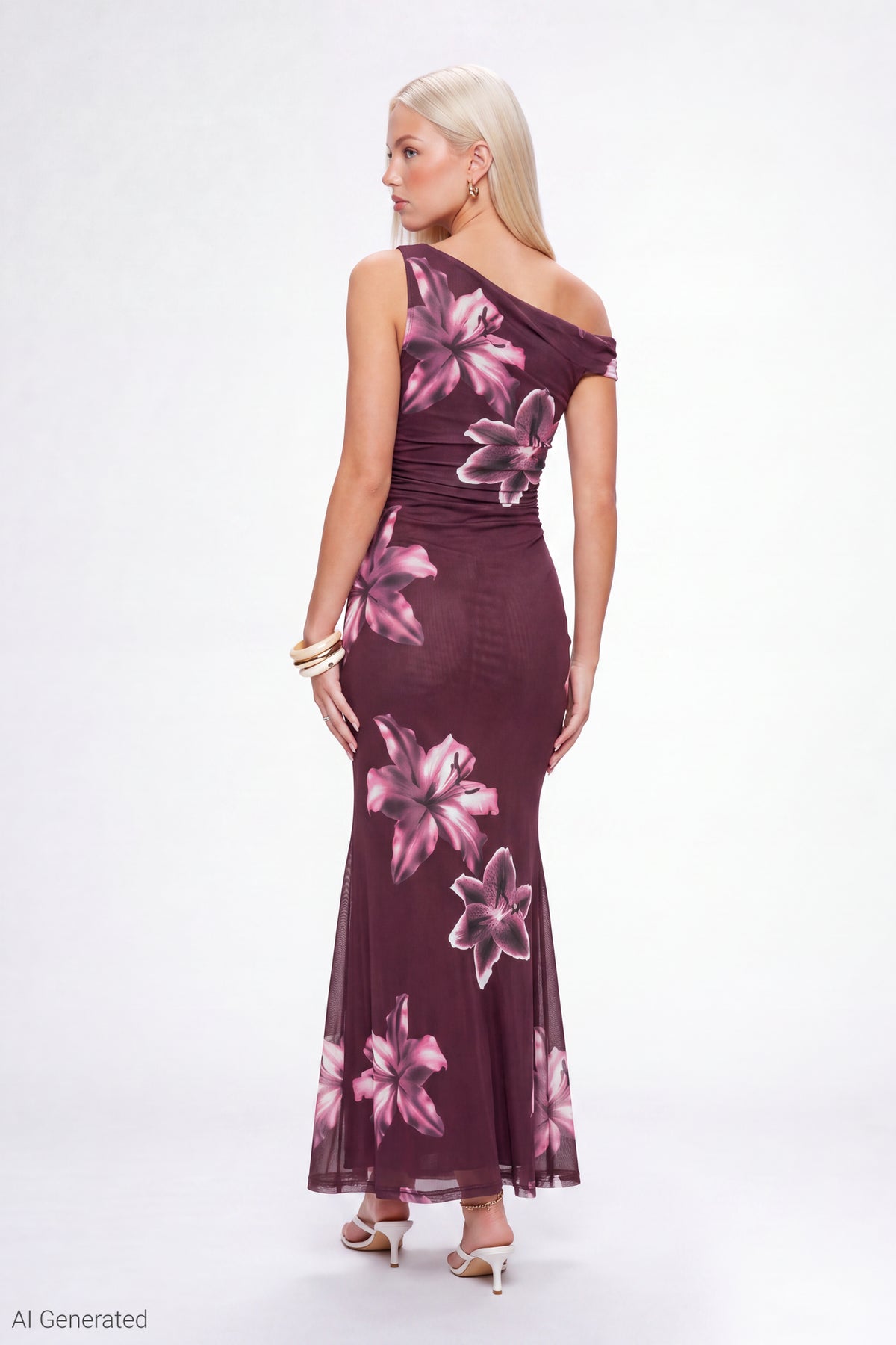 Alt View 2. Mesh Printed Off Shoulder Midi Dress - Dark Purple