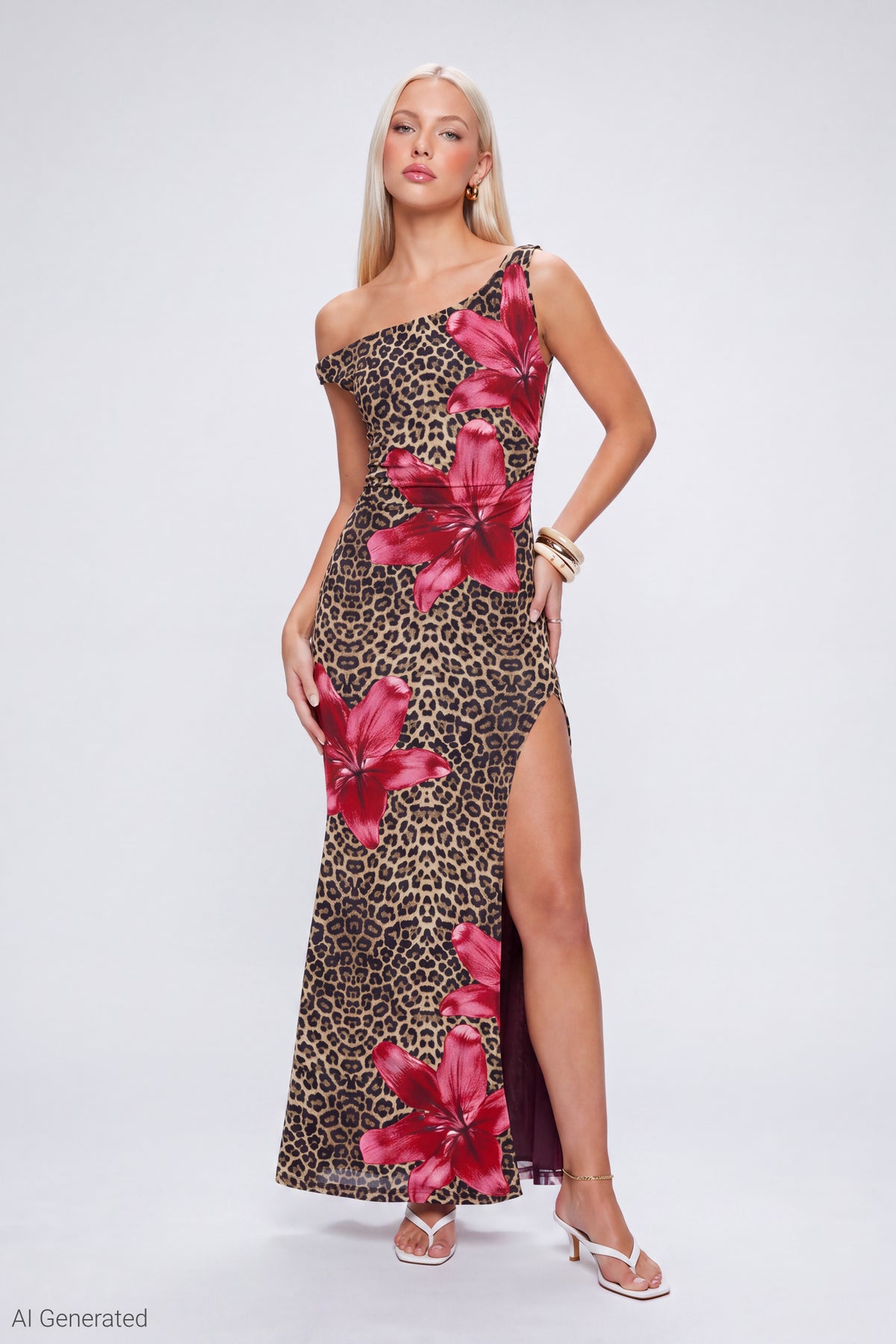 Mesh Printed Off Shoulder Midi Dress - Leopard