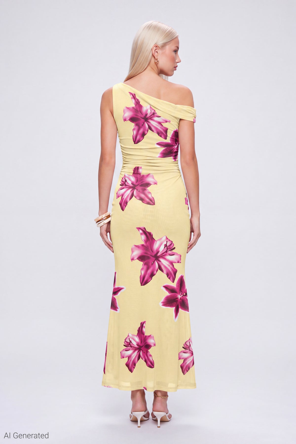 Alt View 2. Mesh Printed Off Shoulder Midi Dress - Yellow