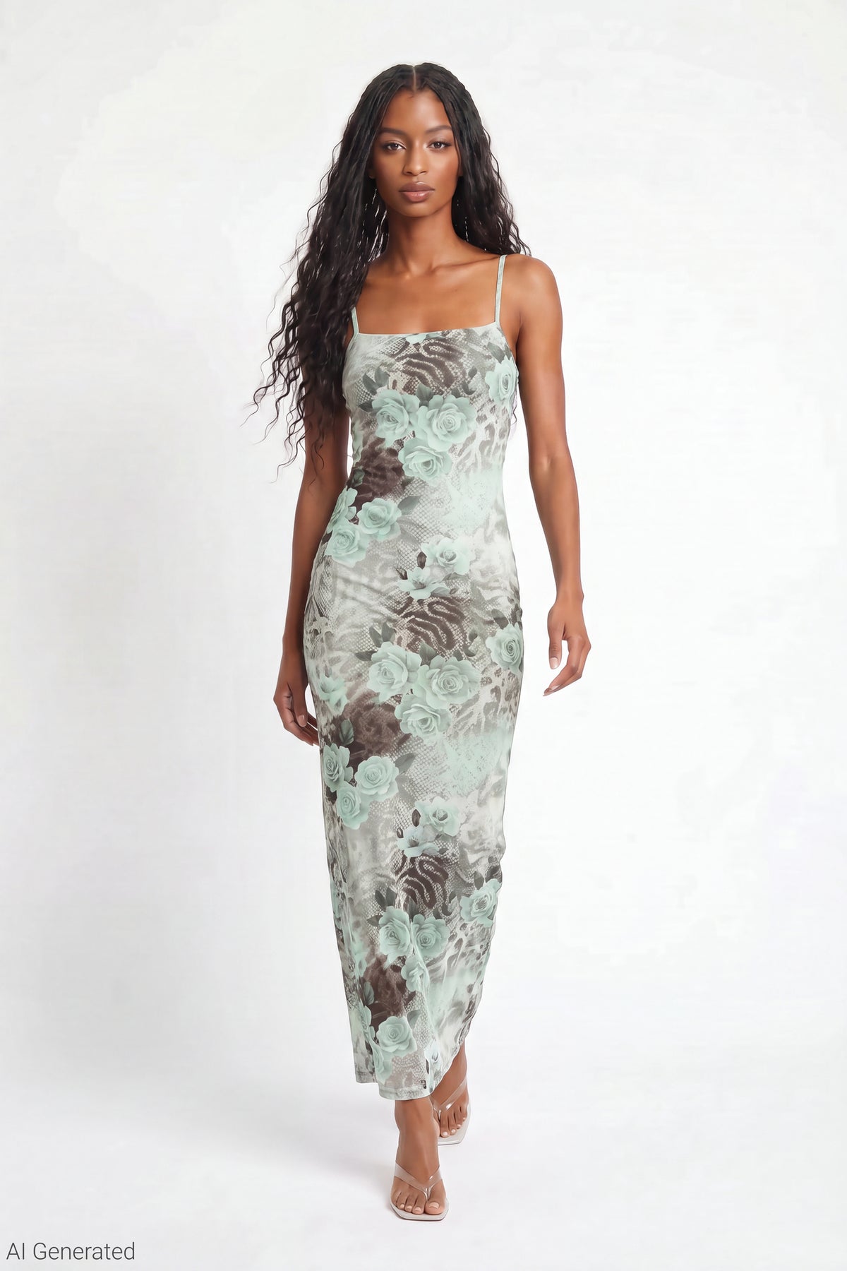 Alt View 3. Printed Mesh Maxi Dress - Green