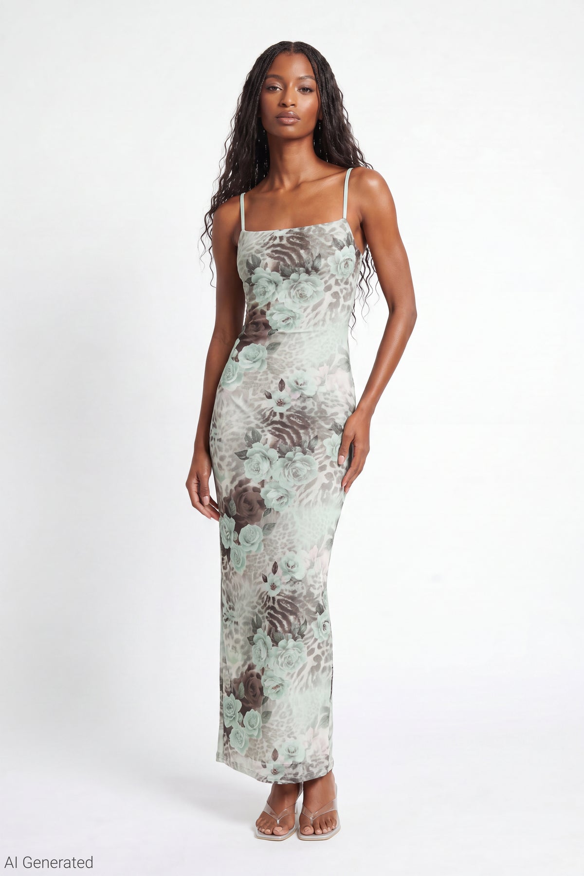 Printed Mesh Maxi Dress - Green