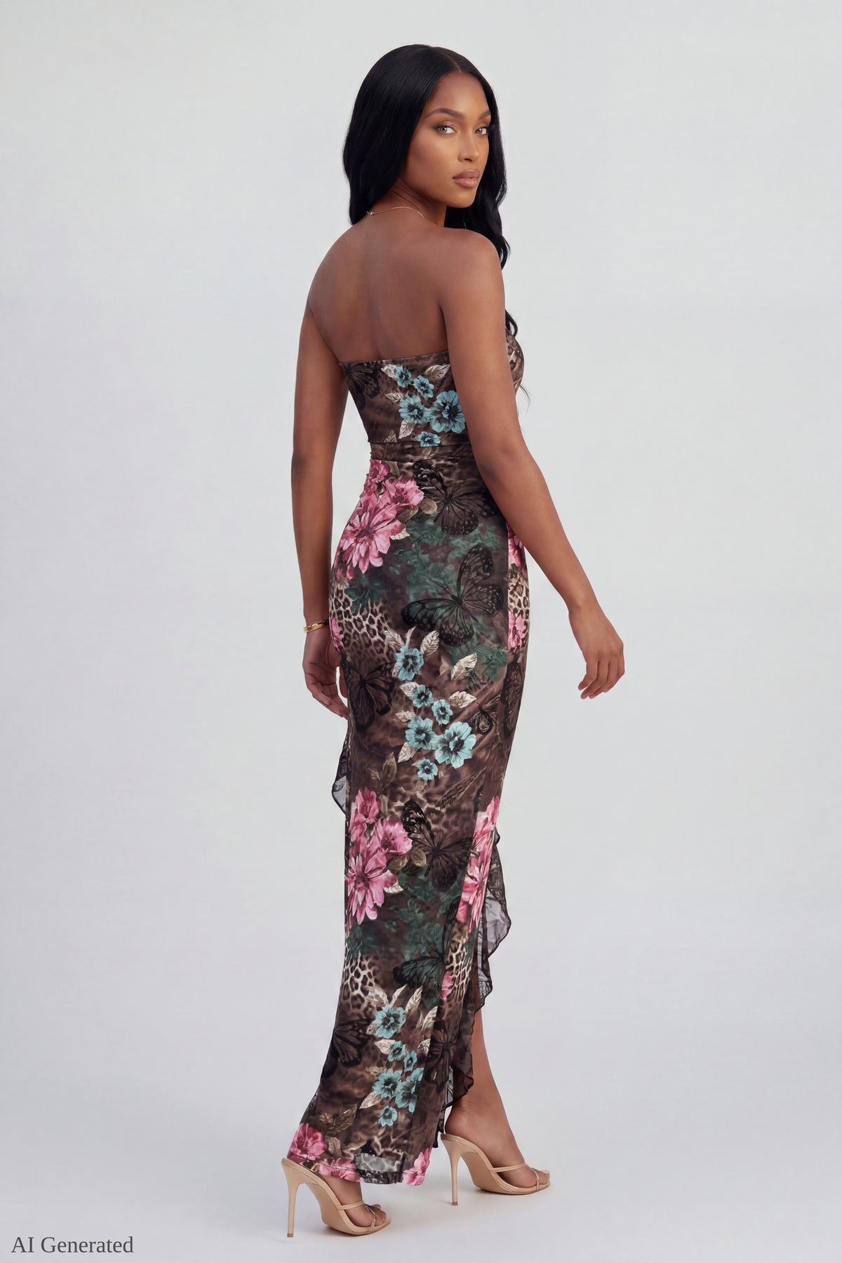 Alt View 2. Lace Ruffle Strapless Maxi Dress - Brown
