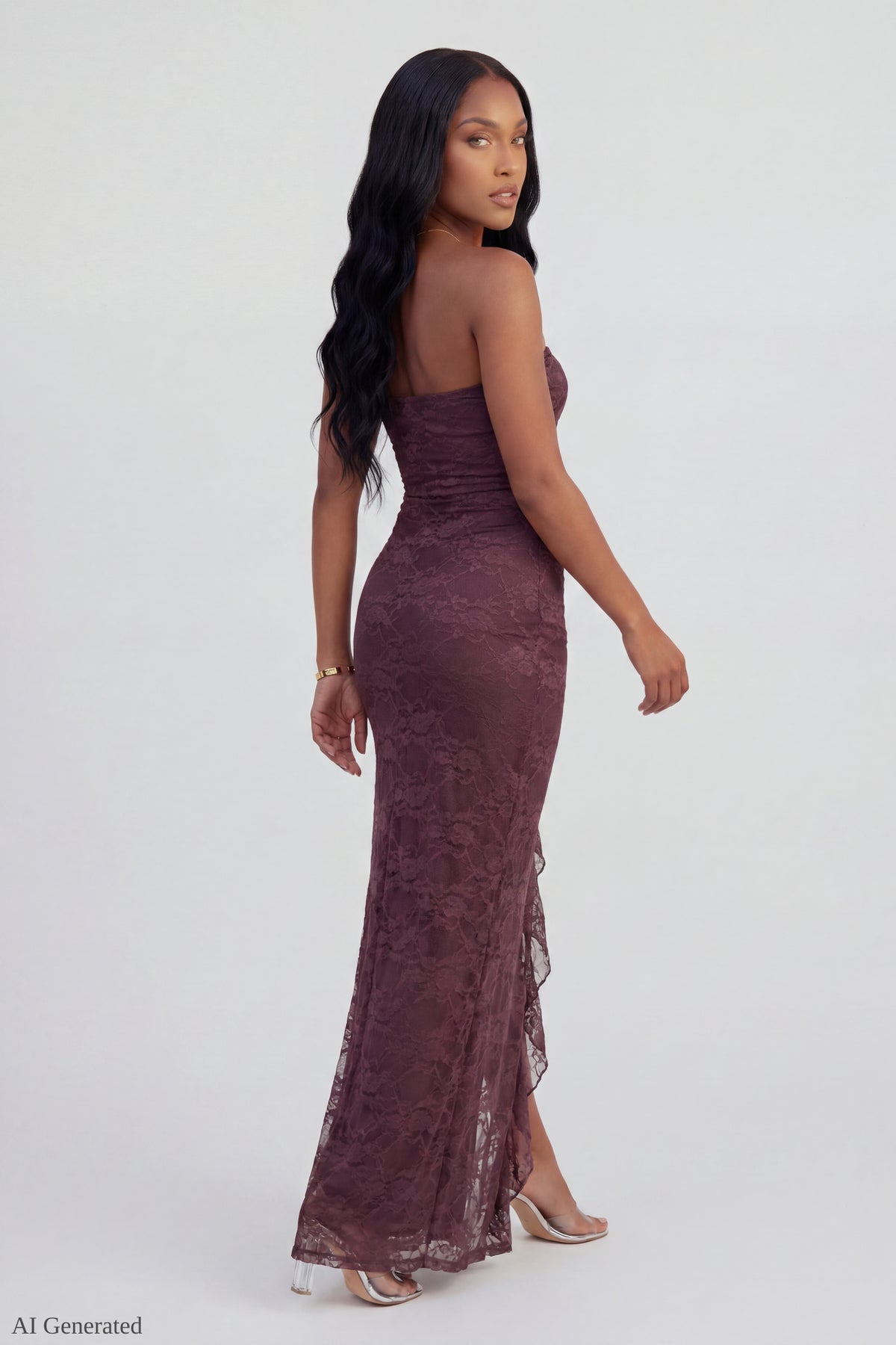 Alt View 2. Lace Ruffle Strapless Maxi Dress - Dark Purple