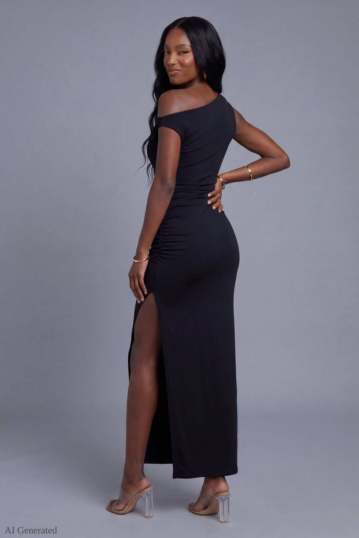 Alt View 3. Off Shoulder Ruched Maxi Dress - Black