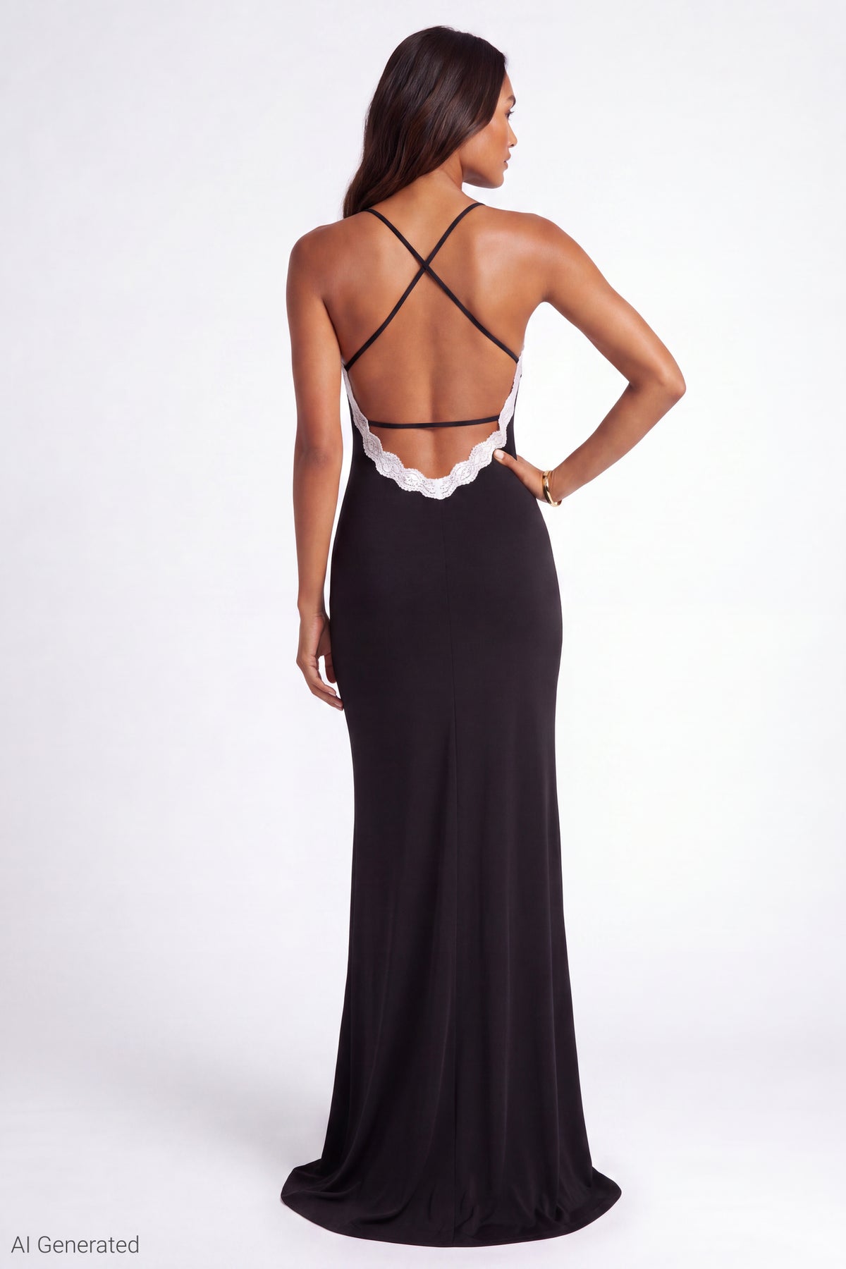 Alt View 2. Lace Trim Open Back Maxi Dress - Black