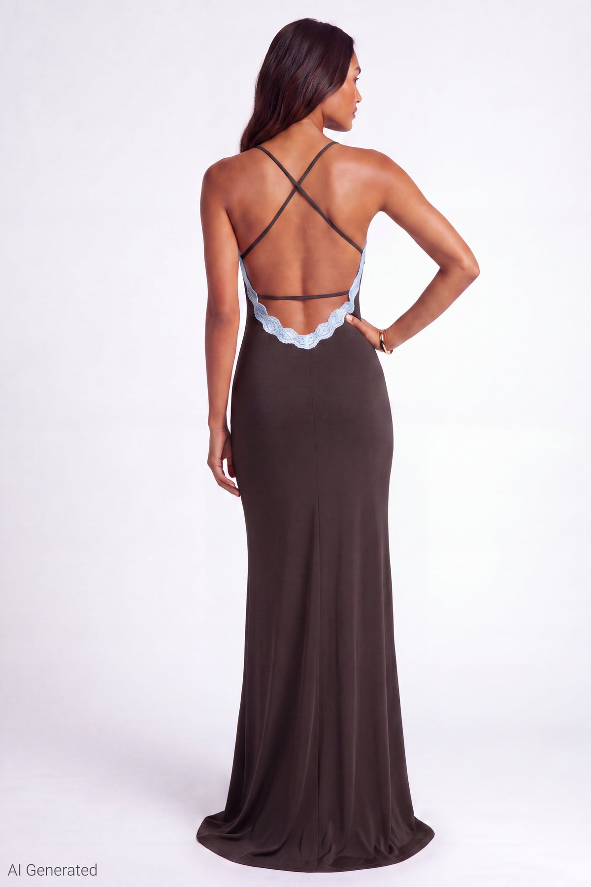Alt View 2. Lace Trim Open Back Maxi Dress - Brown