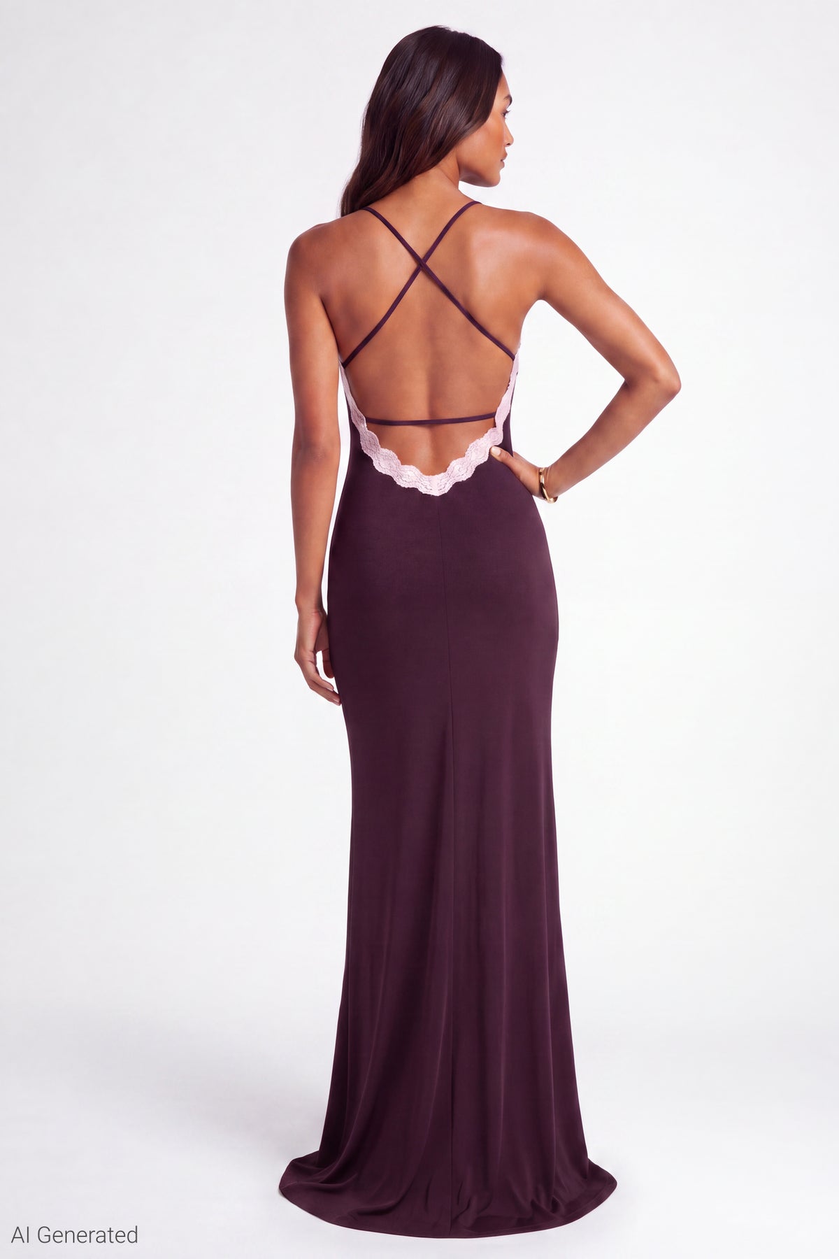 Alt View 2. Lace Trim Open Back Maxi Dress - Burgundy