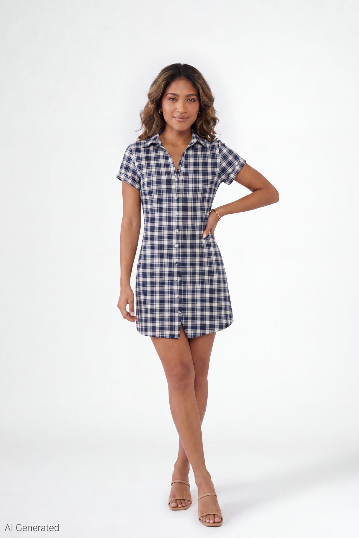 Alt View 2. Plaid Button Front Mini Dress - Navy