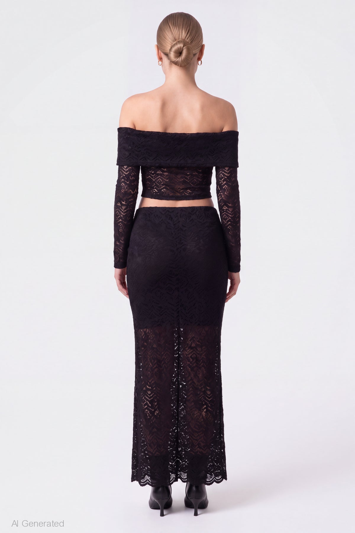 Alt View 2. Lace Off Shoulder Top & Maxi Skirt Set - Black