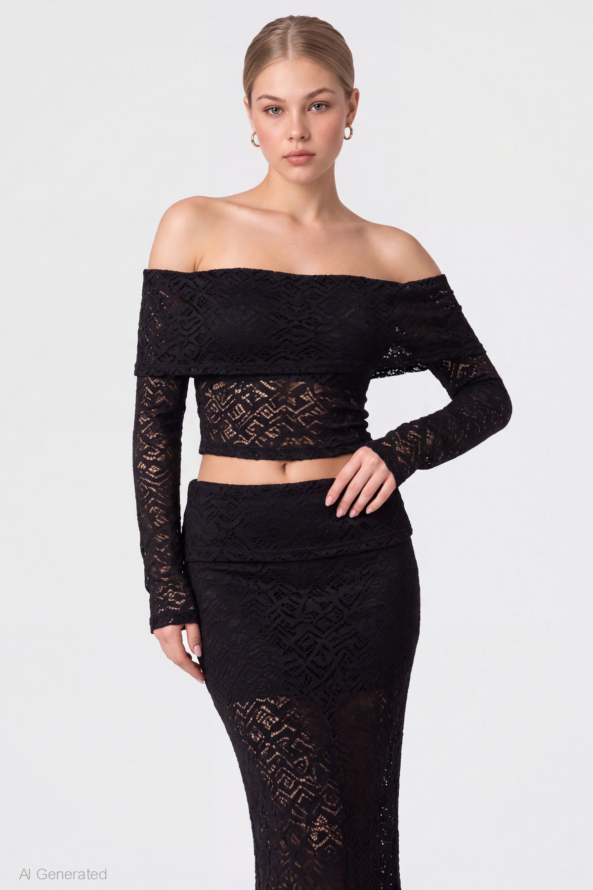 Alt View 3. Lace Off Shoulder Top & Maxi Skirt Set - Black
