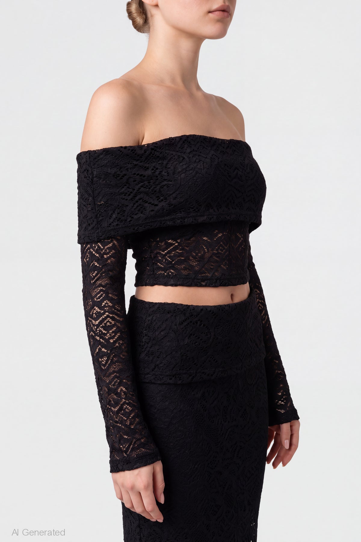 Alt View 4. Lace Off Shoulder Top & Maxi Skirt Set - Black