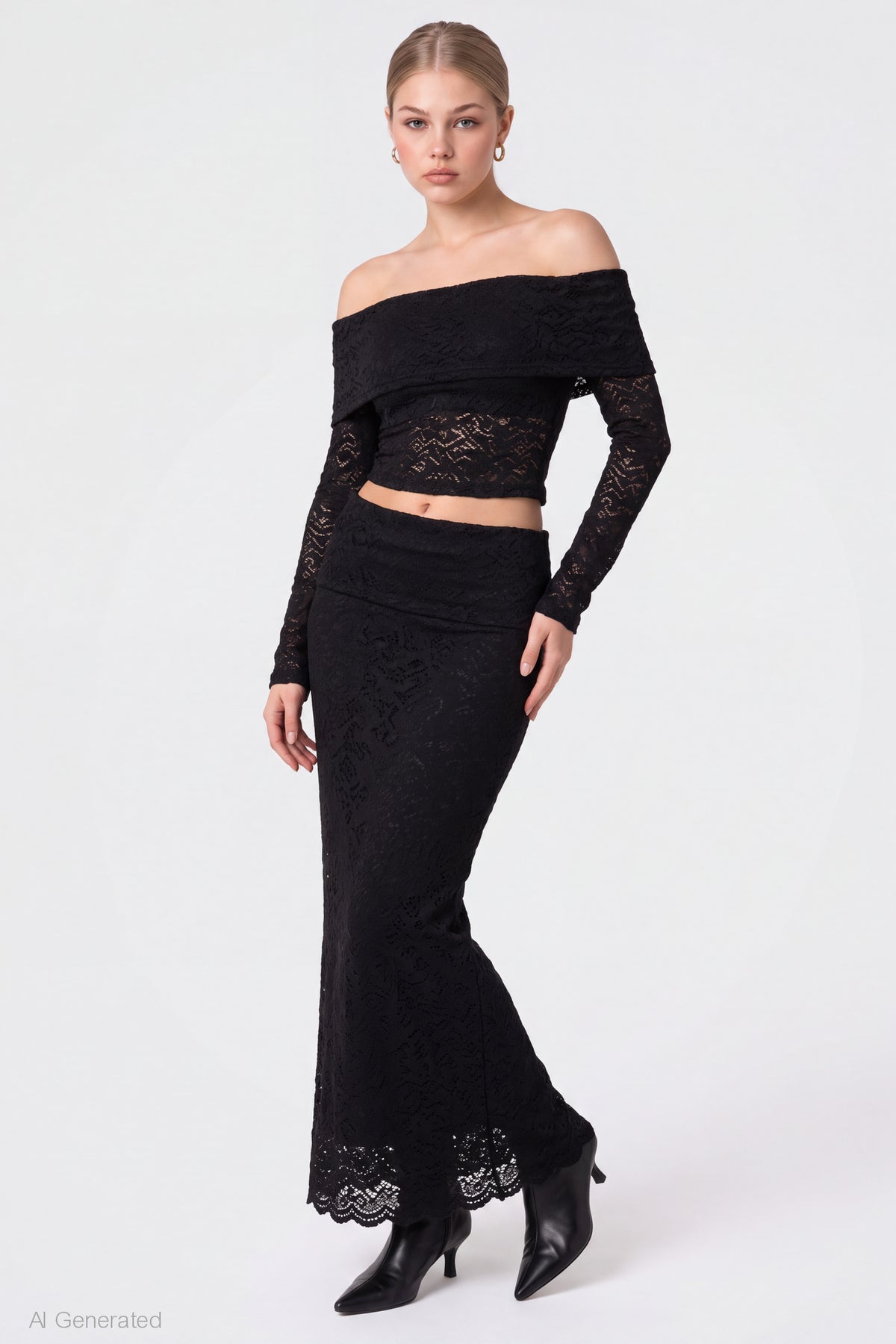Lace Off Shoulder Top & Maxi Skirt Set - Black
