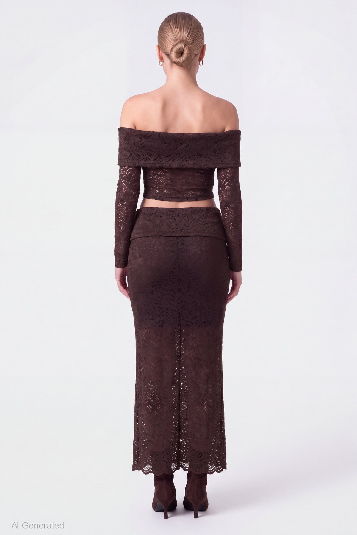 Alt View 2. Lace Off Shoulder Top & Maxi Skirt Set - Brown