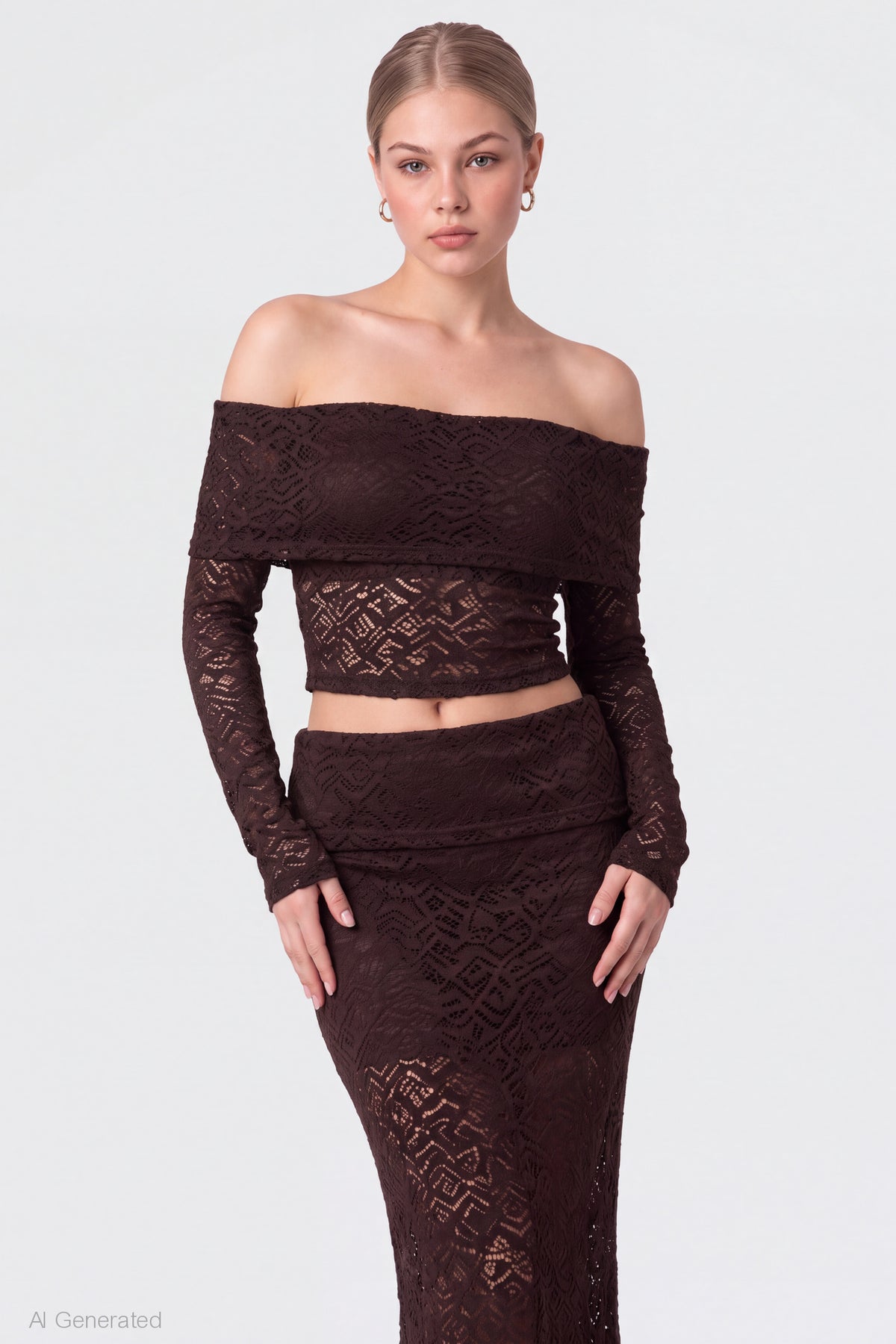 Alt View 3. Lace Off Shoulder Top & Maxi Skirt Set - Brown