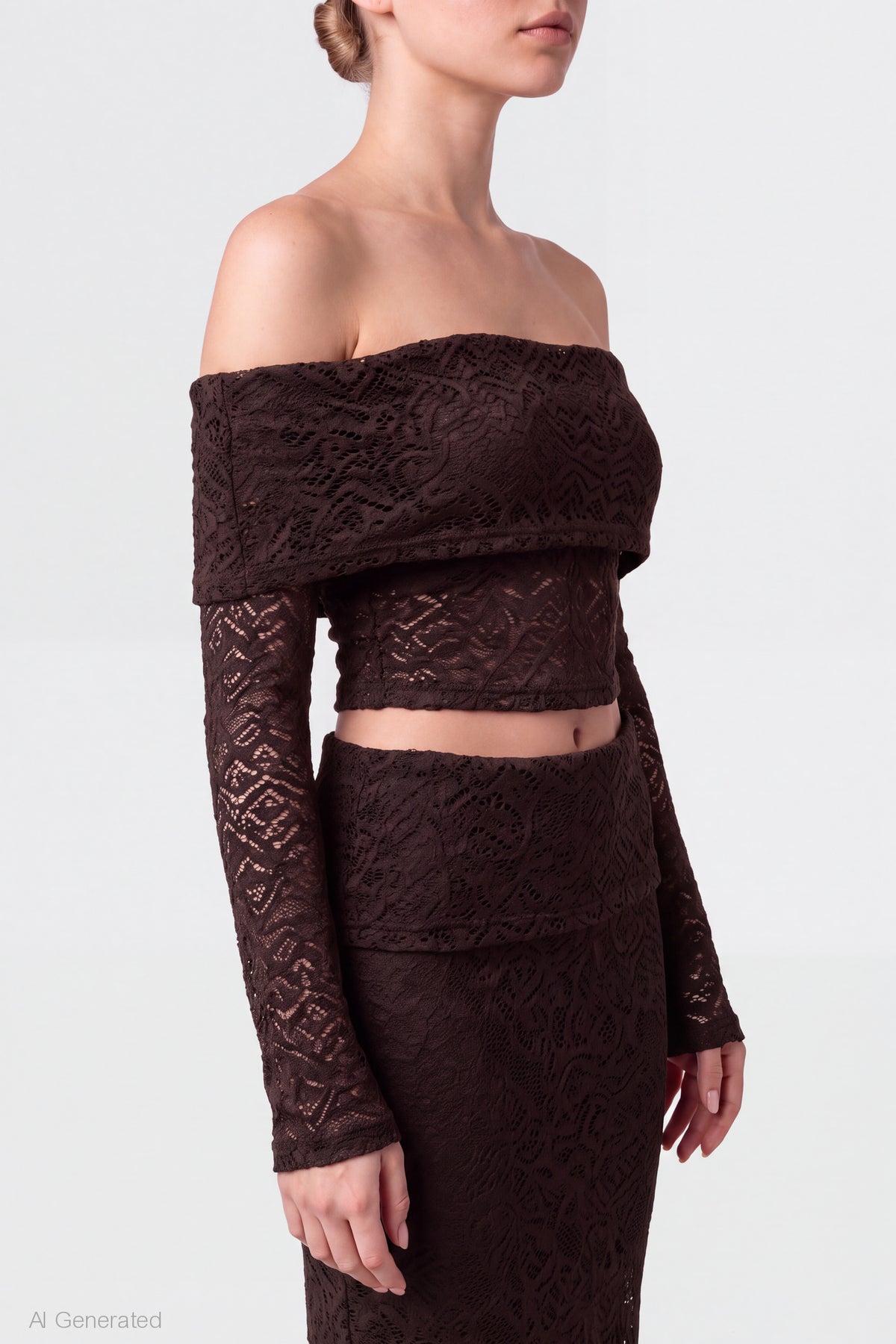 Alt View 4. Lace Off Shoulder Top & Maxi Skirt Set - Brown