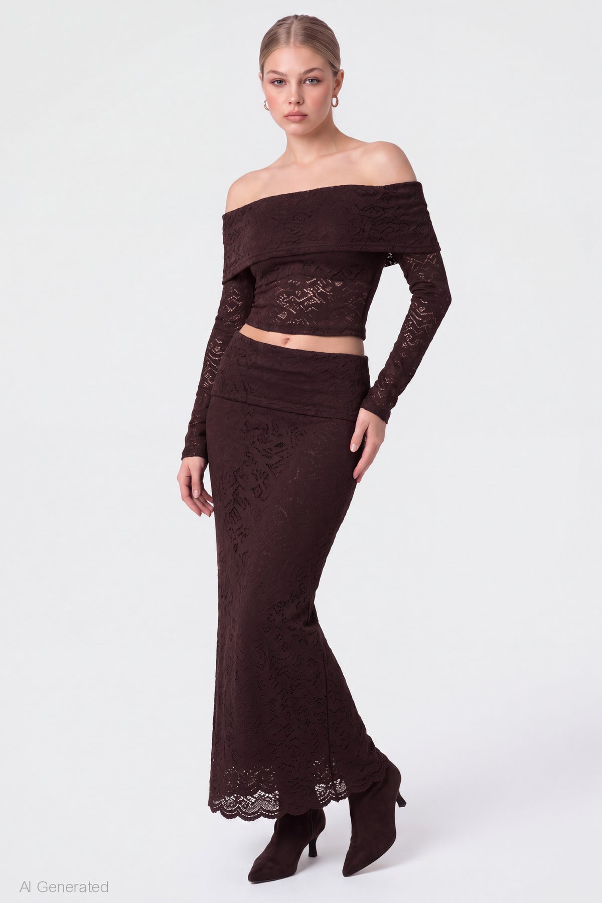 Lace Off Shoulder Top & Maxi Skirt Set - Brown