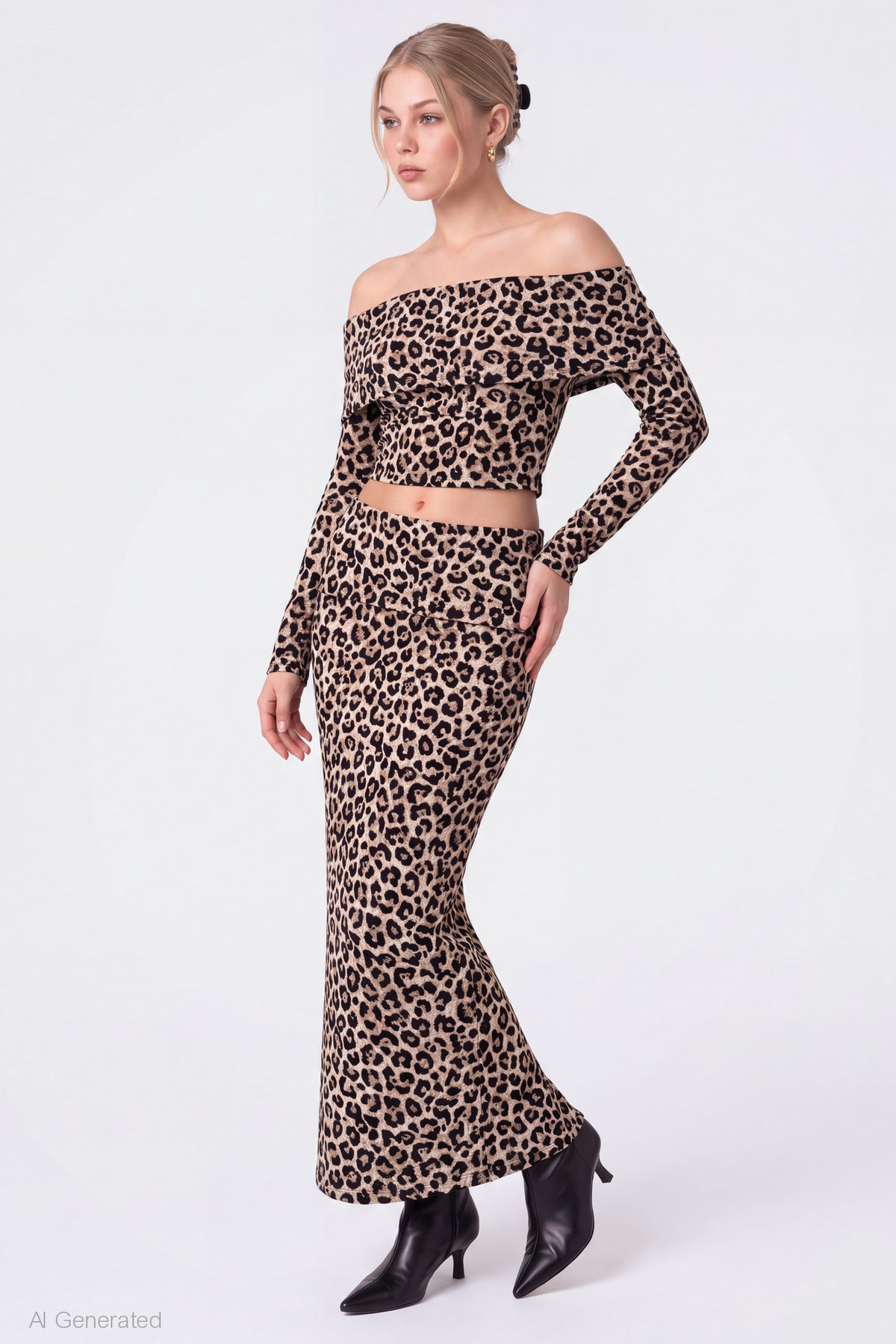 Lace Off Shoulder Top & Maxi Skirt Set - Leopard