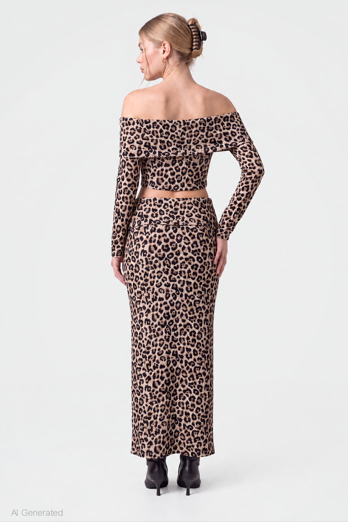 Alt View 2. Lace Off Shoulder Top & Maxi Skirt Set - Leopard