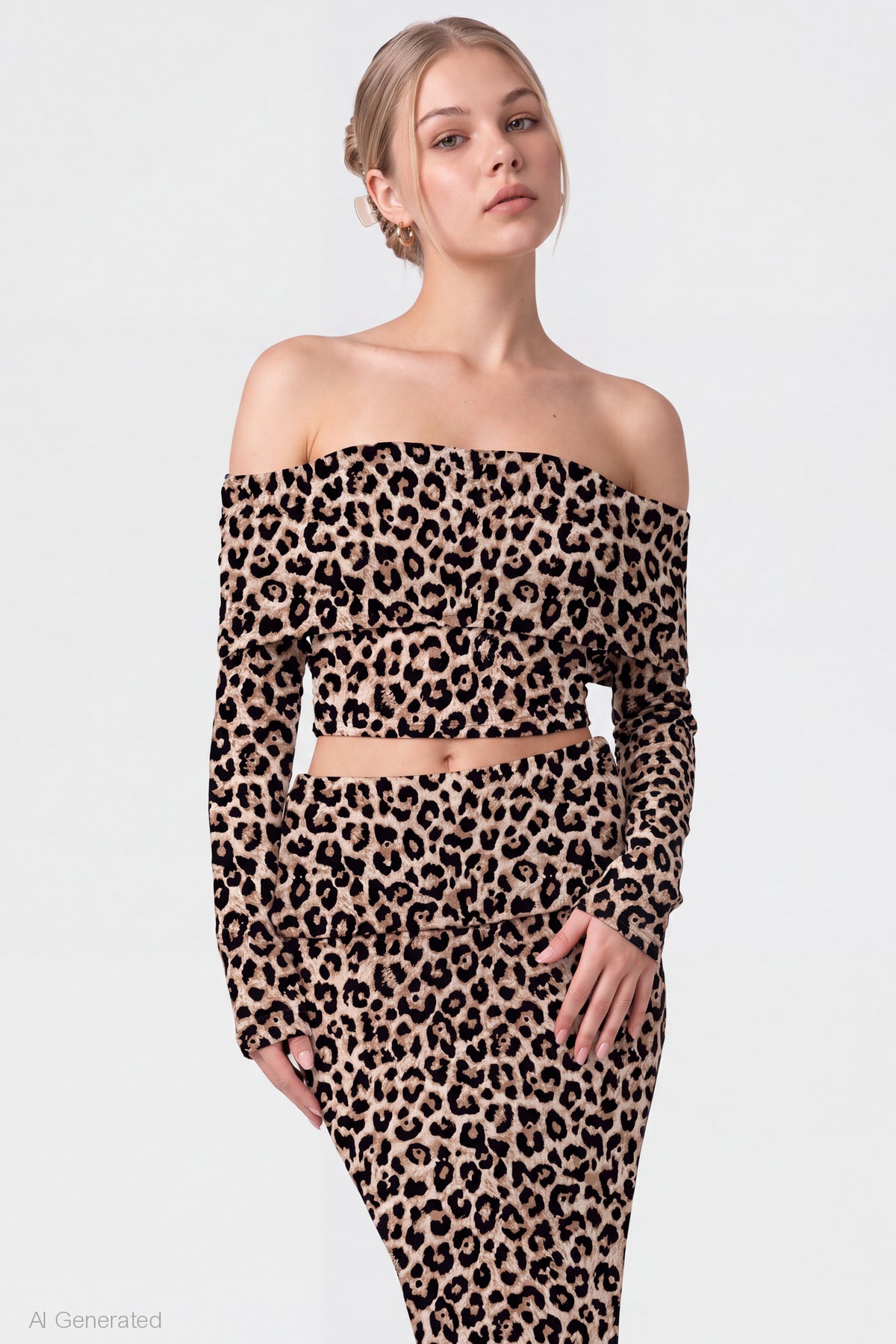 Alt View 3. Lace Off Shoulder Top & Maxi Skirt Set - Leopard